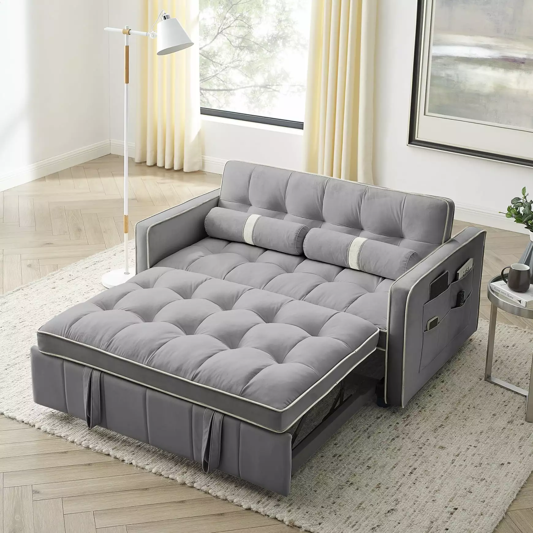 55.5 3 in 1 Pull Out Sleep Sofa Bed.Convertible Futon Sleep Couch with Side Pockets. Adjsutable Backrest and Lumbar Pillows..Upholstered Sofa Bed Loveseat Couch for Living Room Apartment.Gray