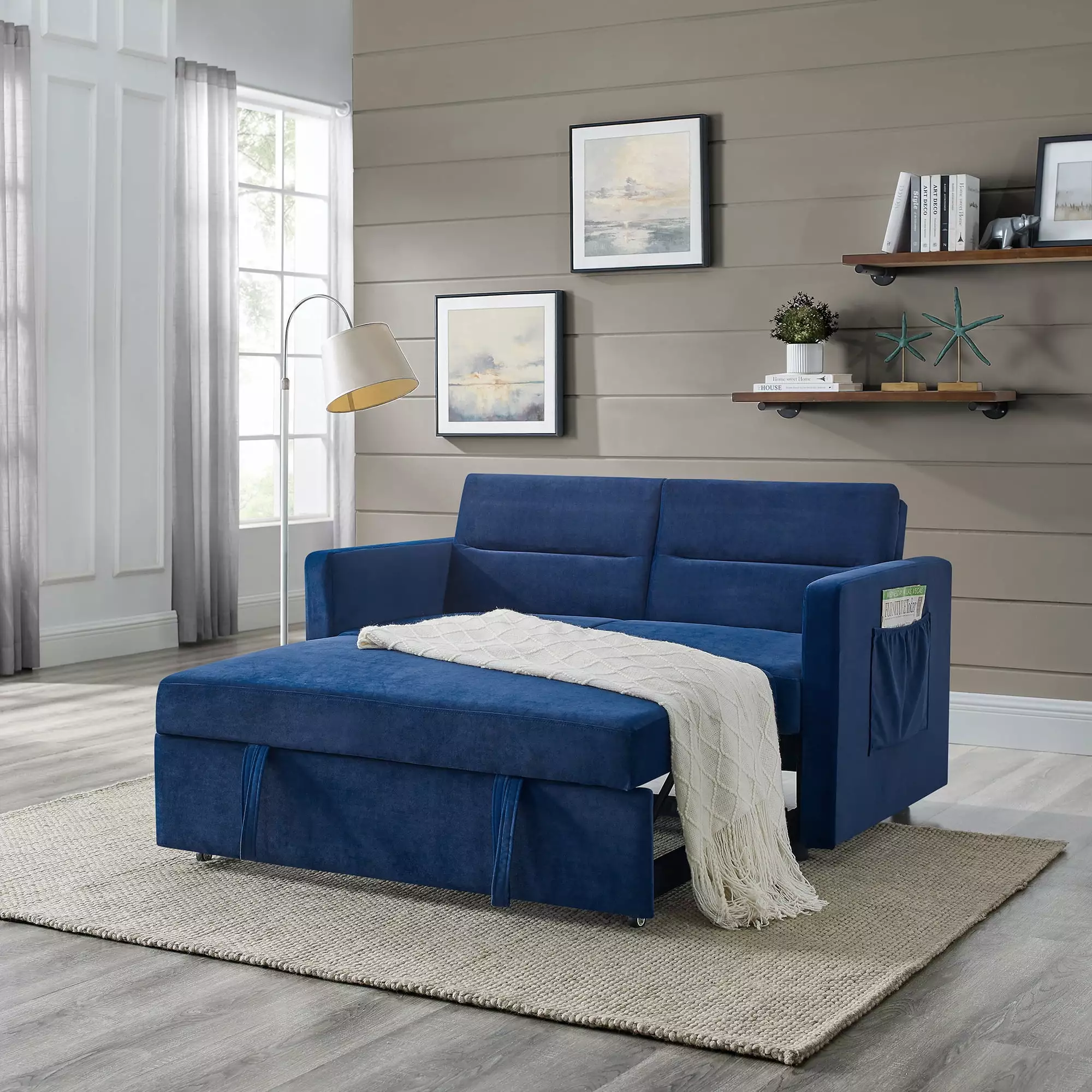 55 Convertible Sleeper Sofa Bed with Pull-out Bed.Modern Velvet Upholstered Loveseat Sofa Couch with Adjustable Backrest and Two Arm Pocket for Living Room.Office.Blue