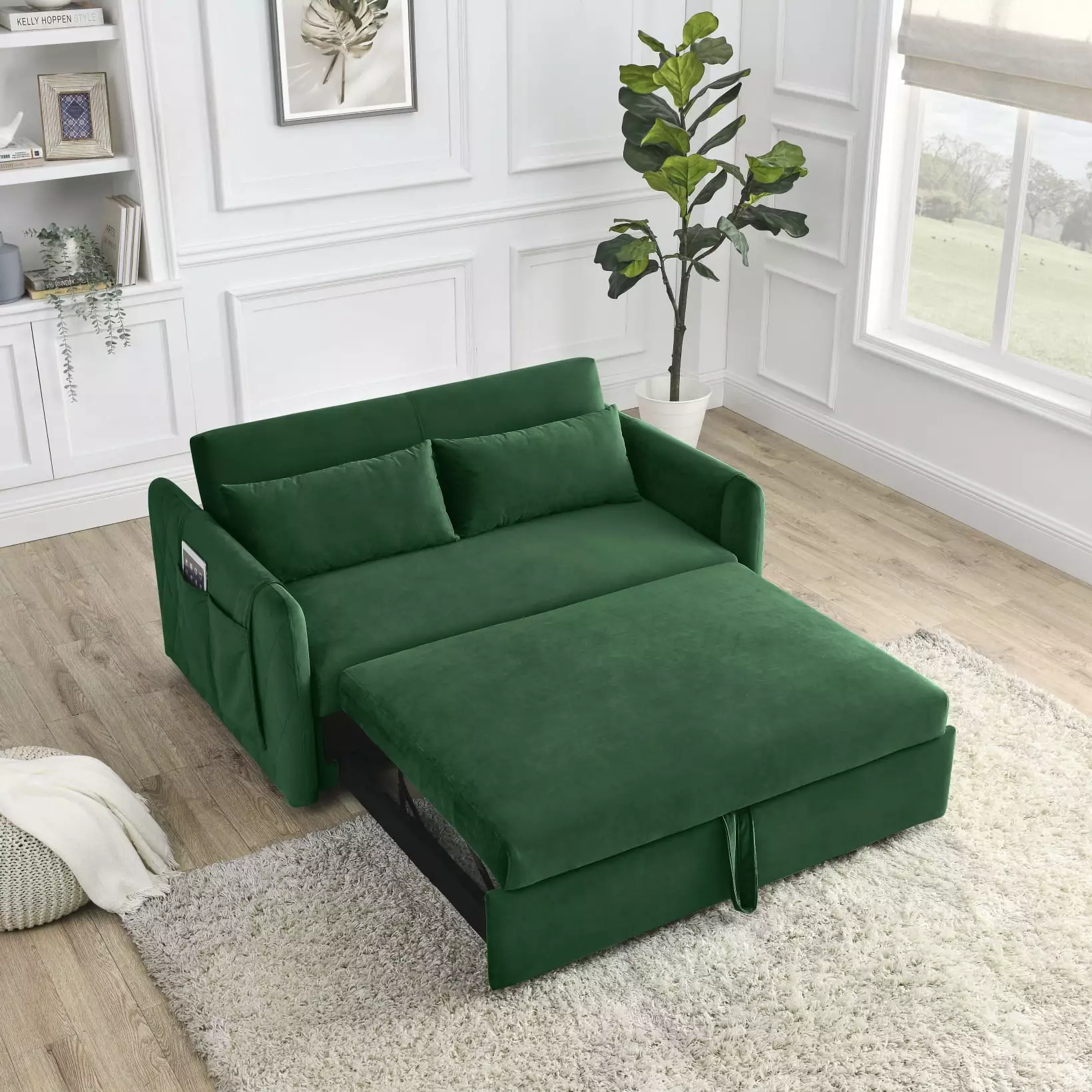 55 Convertible Sofa Bed with 2 Detachable Pockets and 2 Pillows.Velvet Loveseat Sofa Couch with Pull Out Bed and Adjustable Backrest.Sleeper Sofa for Living Room Office.Green