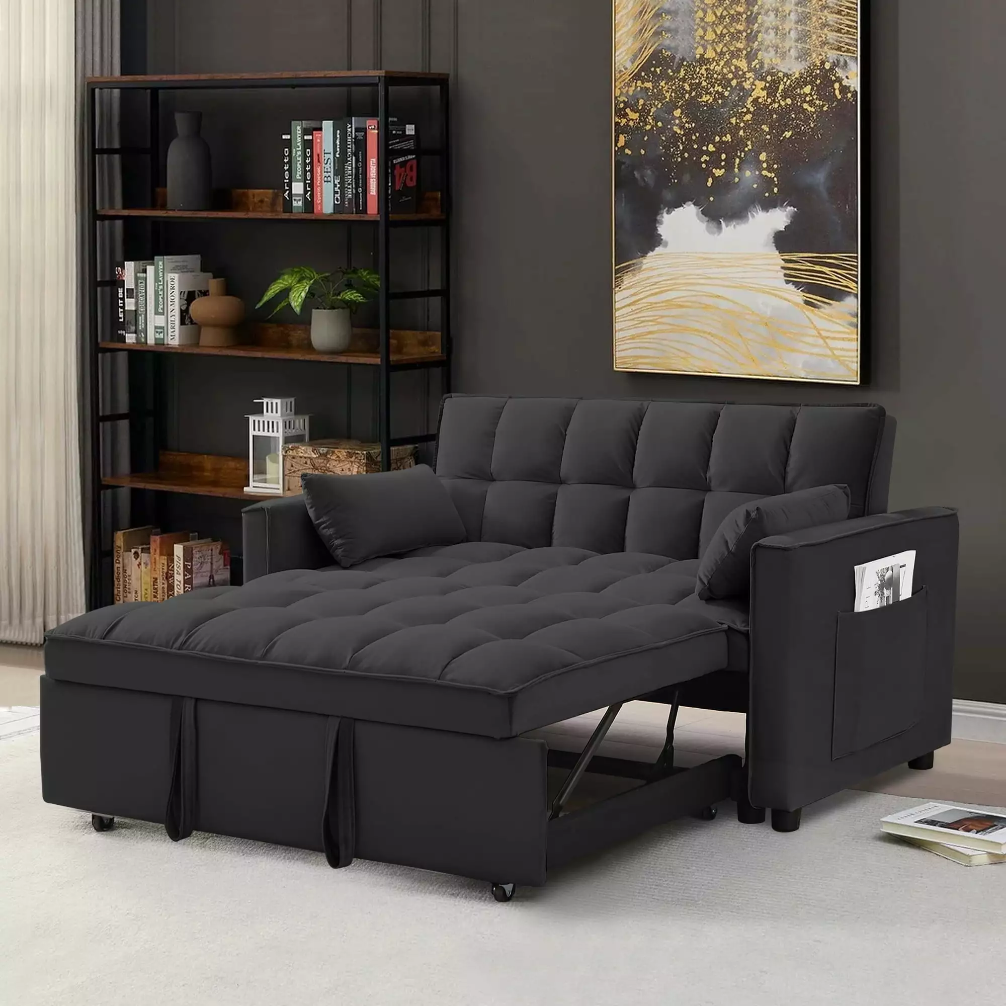 55 Inch Convertible Futon Sofa Bed.Modern Loveseat Sleeper Sofa Couch with Pull-Out Sofa Bed for Living Room.Small Space - Black