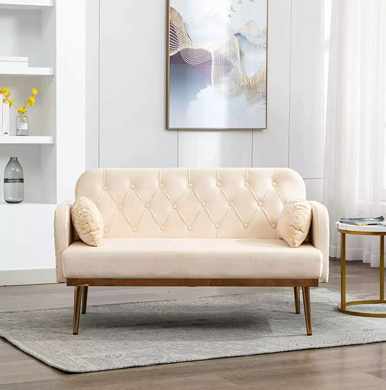 55-inch Small Velvet Couch with Elegant Moon Shape Pillows. Twin Size Loveseat Accent Sofa with Golden Metal Legs. Living Room Sofa with Tufted Backrest. 600 Pounds Weight Capacity-Beige