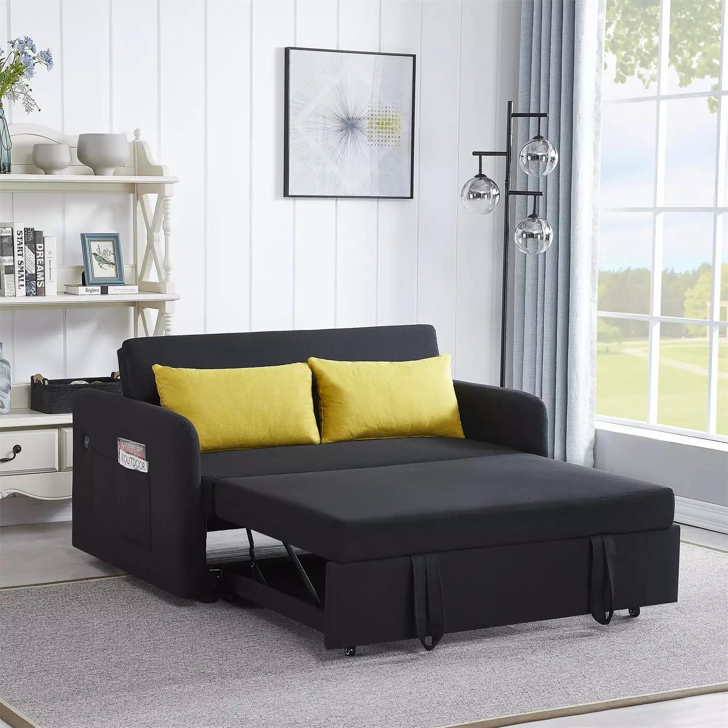 56 Convertible Twins Sofa Bed with Pull-Out Bed & USB Port. Modern Tufted Upholstered Loveseat Sofa with Adjustable Backrest 2 Pillows and Side Pocket Couch Sleeper Bed for Living Room. Black