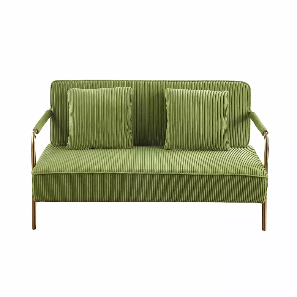 56 Width Loveseat Sofa. Modern Velvet Upholstered 2 Seater Small Sofa Couch with Gold Metal Legs. Soft Accent Sofa with 2 Throw Pillows for Small Space Living Room Bedroom Office Apartment. Green