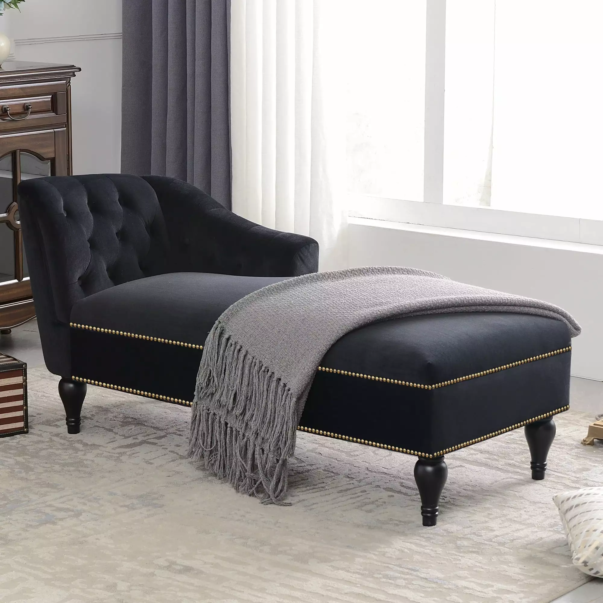 [New+Video] 58 Velvet Chaise Lounge.Button Tufted Right Arm Facing Lounge Chair with Nailhead Trim & Solid Wood Legs for Living Room or Office. Sleeper Lounge Sofa (Black)New style of WF284880AAB