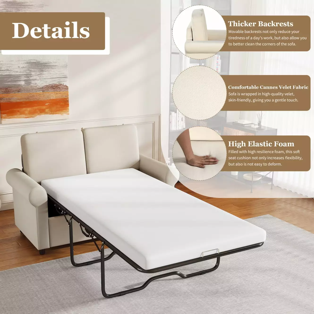 57.4 Pull Out Sofa Bed with Premium Twin Size Mattress. Two Back Pillows and Memory Foam Mattress. Modern Upholstered Folding Sleeper with Underbed Bracket and Two USB Ports for Home. Office. Beige