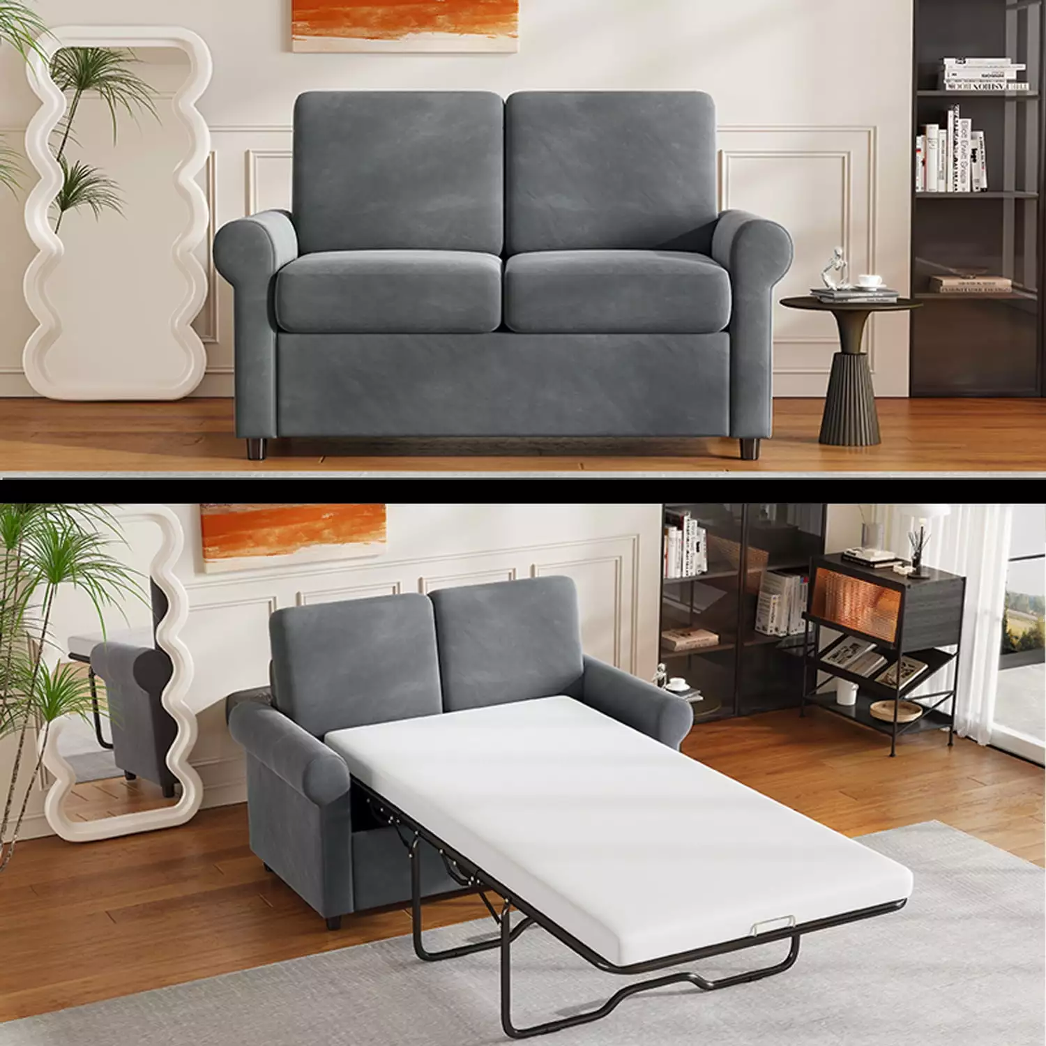 57.4 Pull Out Sofa Bed. Sleeper Sofa Bed with Premium Twin Size Mattress Pad. 2-in-1 Pull Out Couch Bed with Two USB Ports for Living Room. Small Apartment. Gray