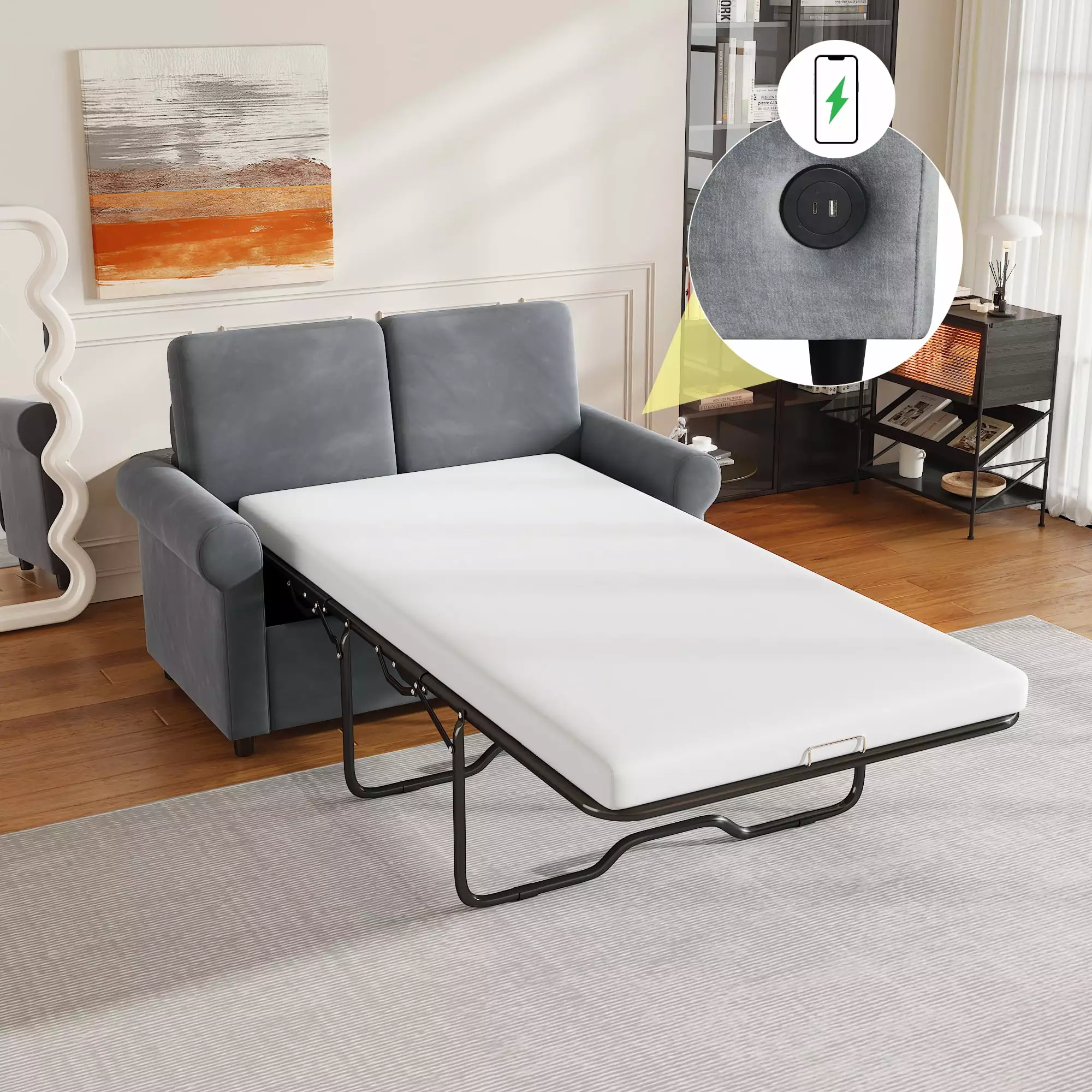 57.4 Pull Out Sofa Bed.Sleeper Sofa Bed With Premium Twin Size Mattress Pad.2-In-1 Pull Out Couch Bed With Two Usb Ports For Living Room.Small Apartment. Gray