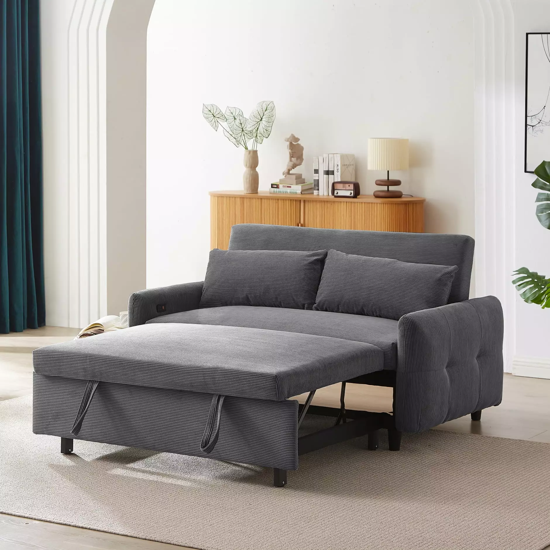 57.5 Pull-out Sofa Bed with Adjustable Backrest. Convertible Sleeper Sofa with 2 Pillows and USB Ports. Corduroy Fabric Loveseat Sofa with Padded Cushions. for Living Room Bedroom Office. Dark Grey