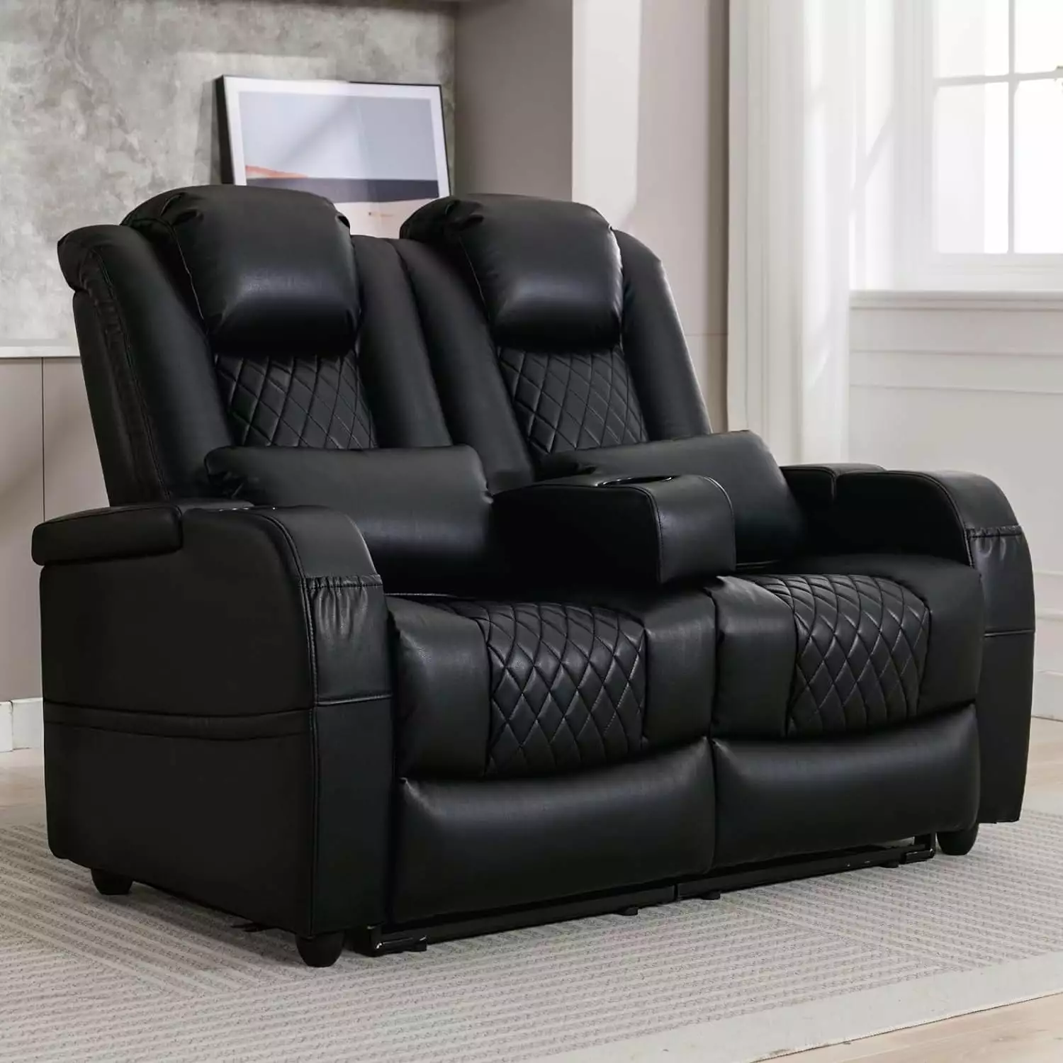 57 RV Loveseat Recliner. Double Recliner Furniture with 3 Arms and 2 Pillows. Wall Hugger Recliners & 135?? Reclining Theater Seating (Black PU Leather RV Couch)