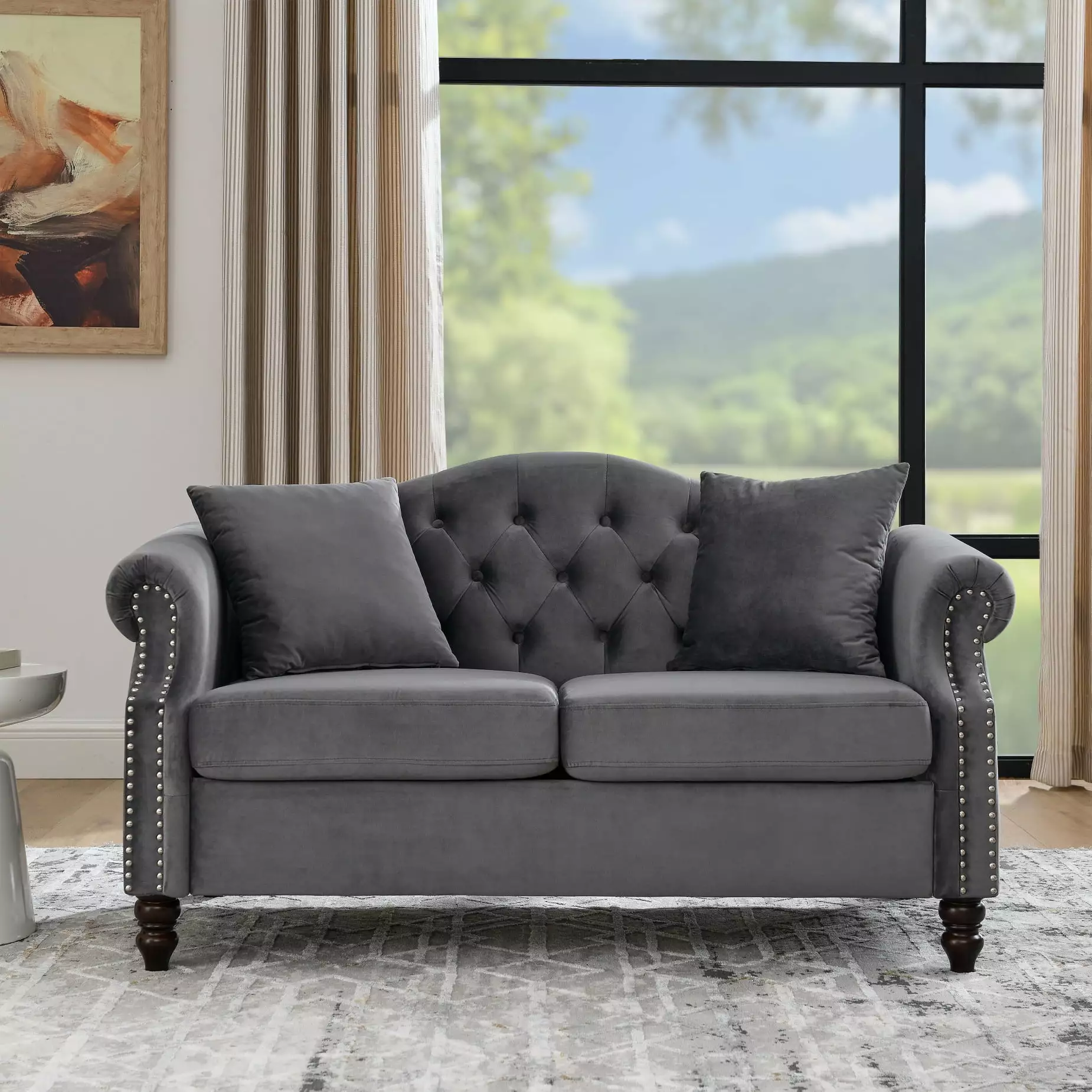 57 Velvet Chesterfield Sofa with Rolled Arms. Nailhead Trimming Button Tufted Loveseat Sofa with Curved Backrest. Living Room Sofa with Padded Cushions. 2 Pillows and Gourd Wooden Legs. Gray