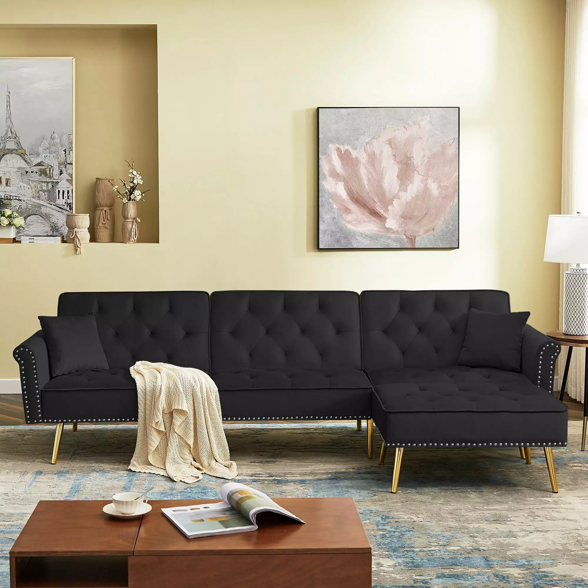 Modern Velvet Upholstered Reversible Sectional Sofa Bed. L-Shaped Couch with Movable Ottoman and Nailhead Trim (Black)