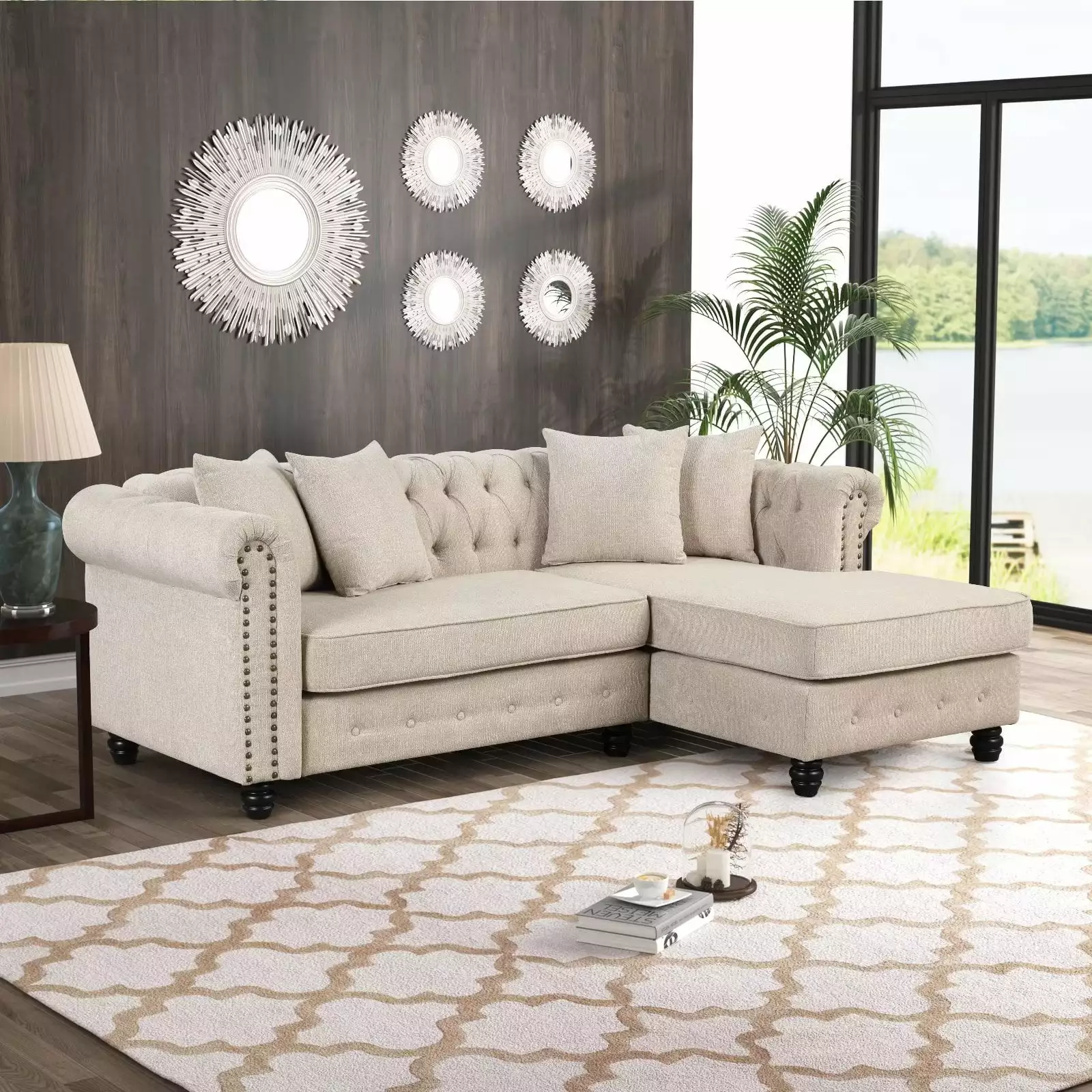 Morden Fort L Shape Sectional Sofa With Rolled Arm. Couch with Tufted Button Solid Wood Legs and 4 Pillows for Living Room Bedroom Apartment . Beige