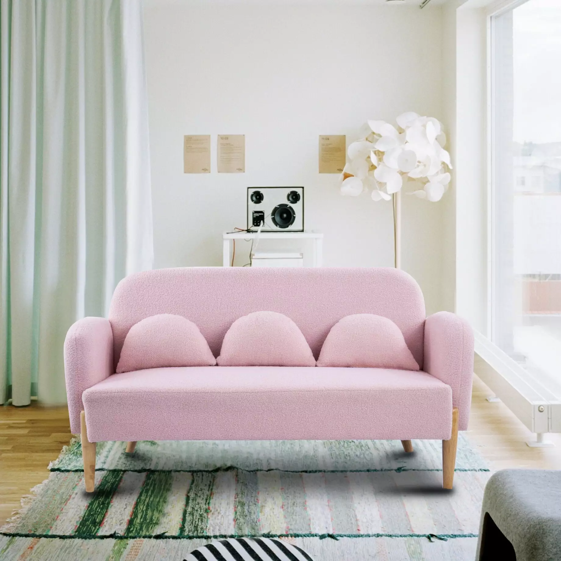 59.1 Teddy Velvet Sofa Couch. Modern 2-Seater Sofa with Three Lumbar Pillows and Wood Legs. Upholstered Loveseat Couch for Small Spaces Living Room Studio. Pink