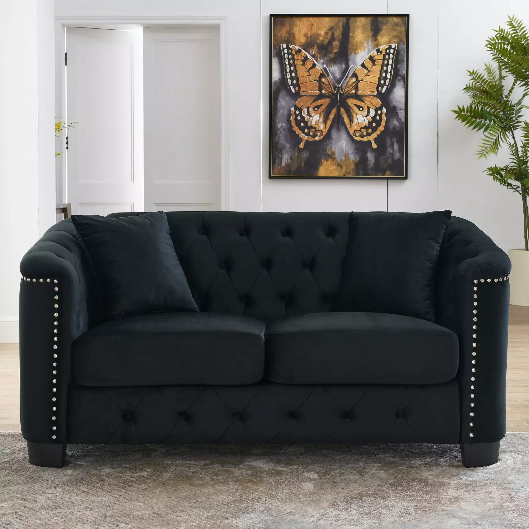 59'' 2-Seater Sofa Velvet Upholstered Loveseat Sofa Couch with 2 Removable Cushions and Wood Legs Modern Button Tufted Chesterfield Sofa for Living Room. Bedroom. Apartment. Office. Black