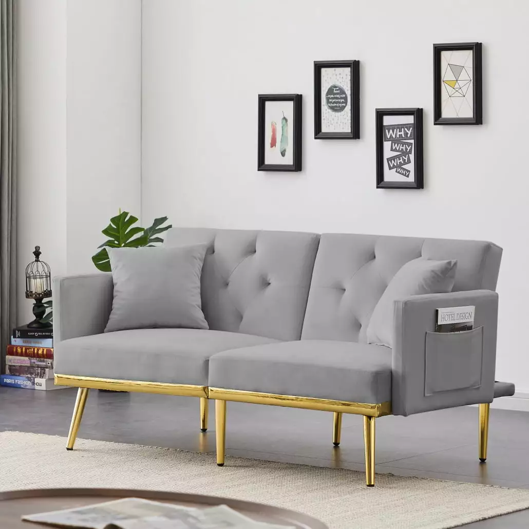 59 Futon Couch Bed. Velvet Loveseat Sofa Bed with Split Back. Modern 2 Seat Couch with Midfoot for Small Space. Living Room. Gray