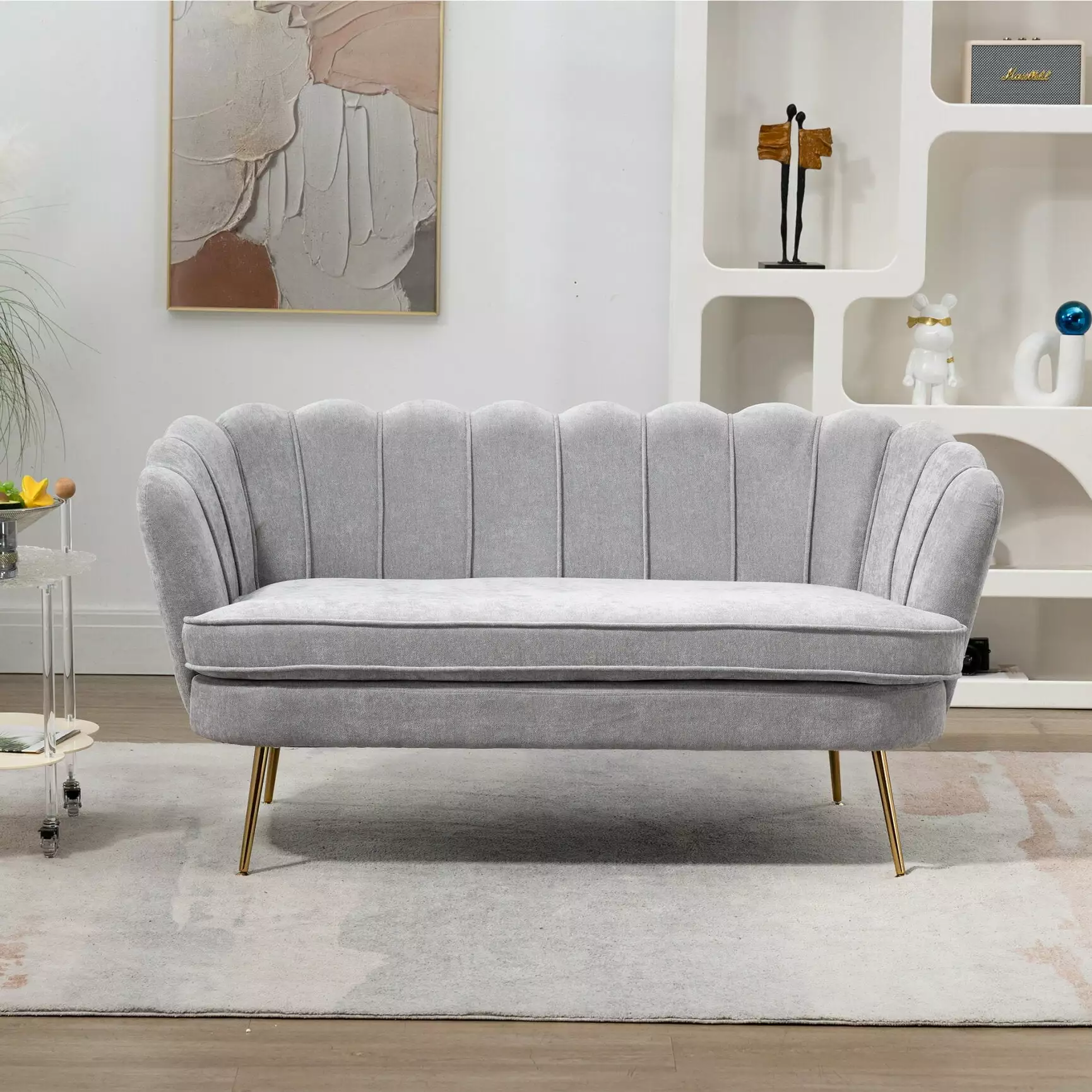 59 Wide Modern Boucle Loveseat. Modern Accent Small Sofa with Gold Metal Legs. Comfy Two-Seater Sofa Couch for Small Space Office Studio Apartment Bedroom. Light Gray