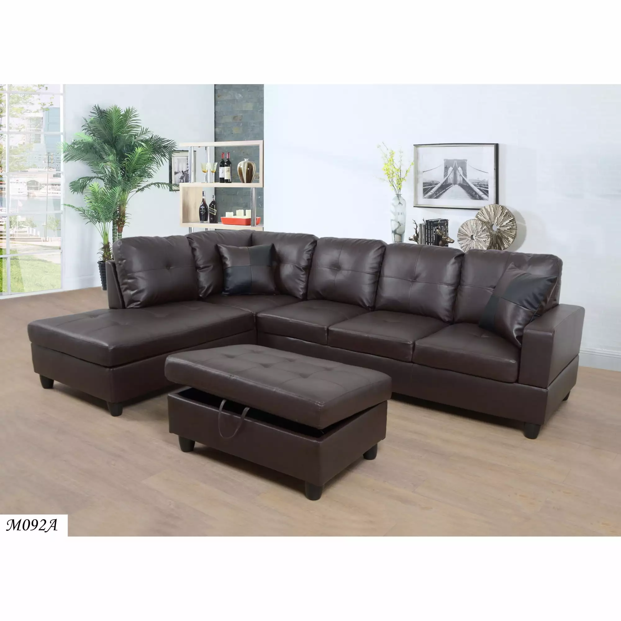 3 Pc Sectional Sofa Set. (Brown) Faux Leather Left -Facing Chaise With Free Storage Ottoman