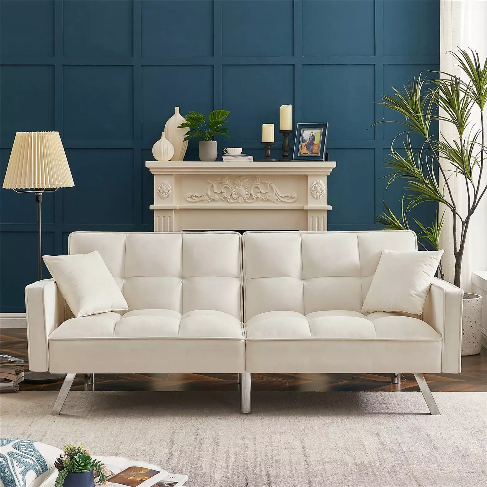 Velvet Futon Sofa Bed. Folding Upholstered Sleeper Sofa Couch with 2 Pillows & Adjustable Backrests. Modern Tufted Loveseat with 6 Metal Legs for Living Room Bedroom. White