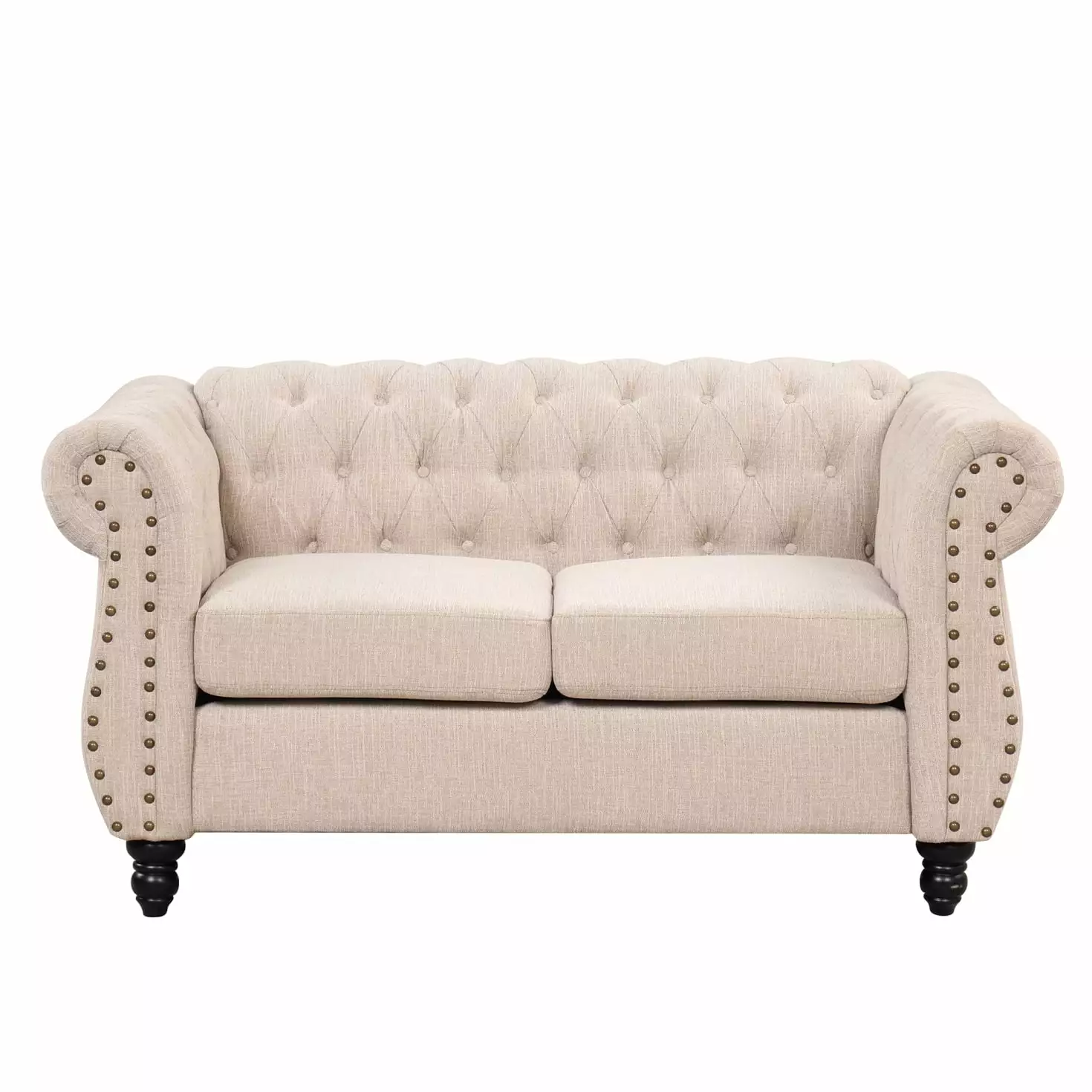 60 Elegant Modern Upholstered Sofa with Solid Wood Legs. Mid-Century Loveseat Sofa Chair with Buttoned Tufted Backrest and Detachable Cushion. Suitable for Living Room. Beige