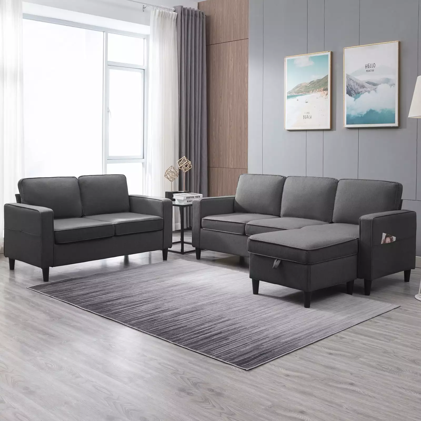 Mjkone Convertible Sectional Sofa. Sectional Couches for Living Room.Couch with Storage Ottoman. 3 Pcs Couch Set with Storage Pockets. 3-Seater + Ottoman + 1-Loveseat (Dark Gray)