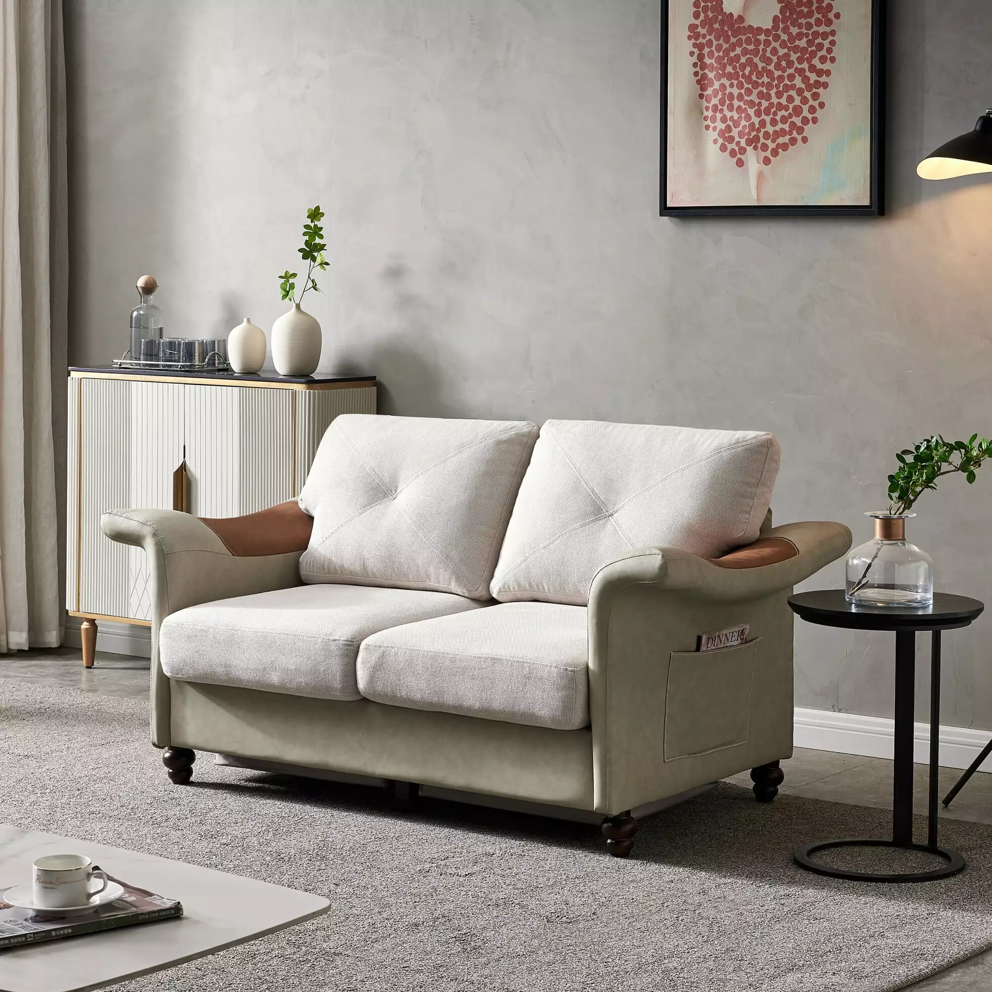 61.5 Inch Loveseat Sofa with Storage. Modern Upholstered 2 Seater Couch with Saddle-Shaped Arms. Comfy Leisure Sofa Couch for Apartment. Bedroom. Living Room. Lounge. Office. Beige