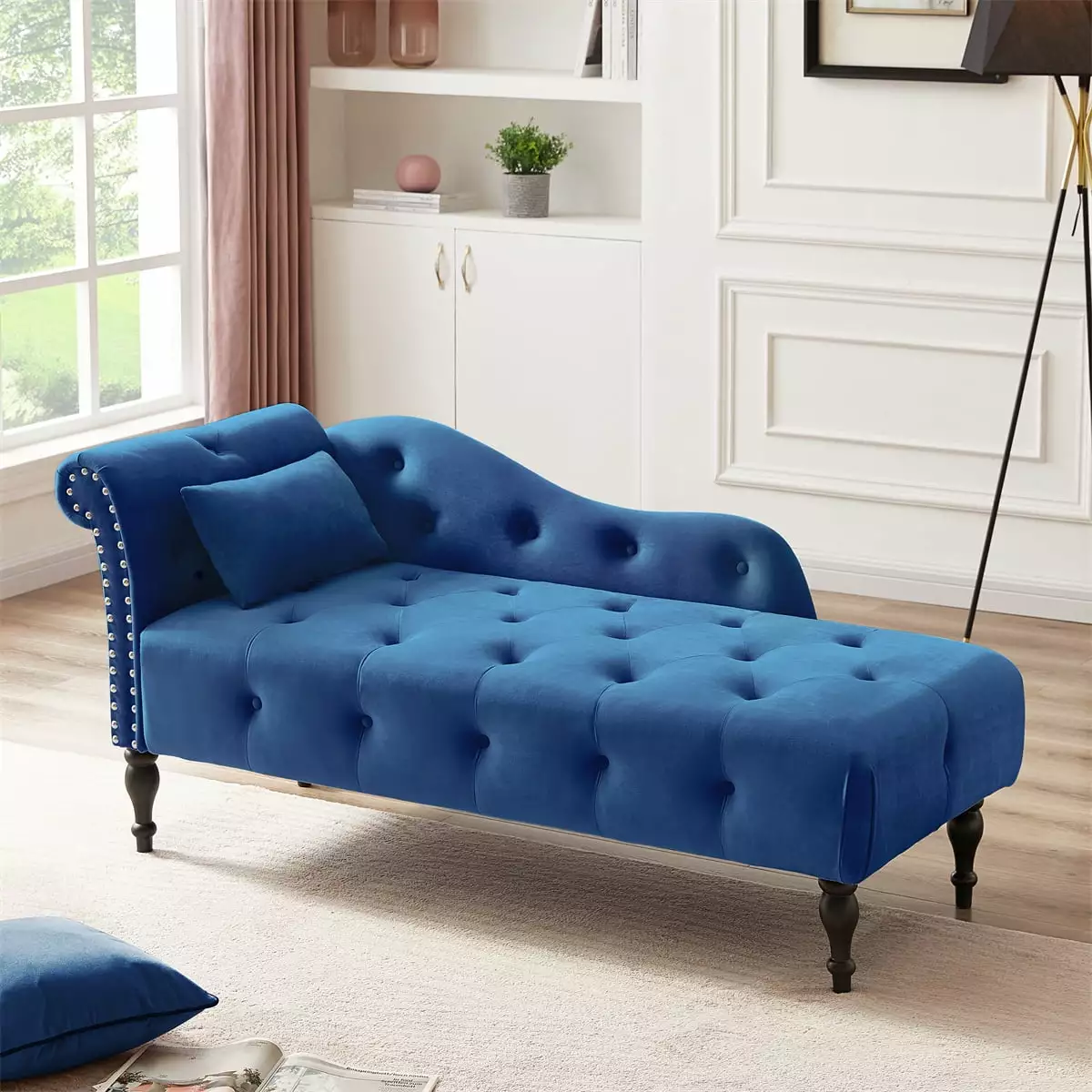 JINS&VICO 60.6'' Velvet Chaise Lounge Chair with Button Tufting and Nailhead Trim. Modern Tufted Long Lounger Sleeper Sofa with 1 Pillow and Solid Wood Legs for Living Room Bedroom Office. Blue