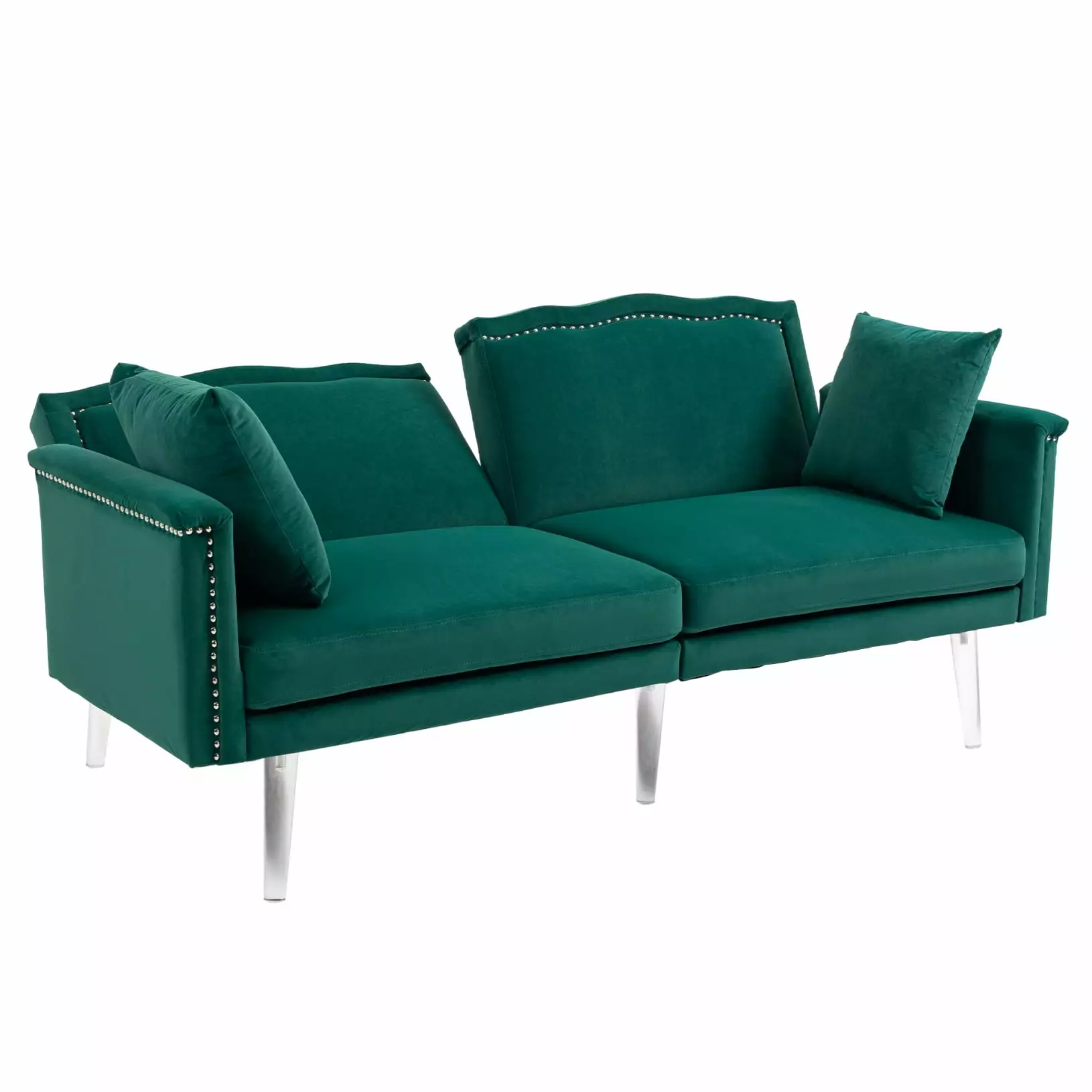 64.57W Convertible Sofa Bed with Split Back. Velvet Futon Couch Bed with 2 Pillows and Acrylic Legs. Loveseat Sleeper Sofa for Living Room. Bedroom. Green