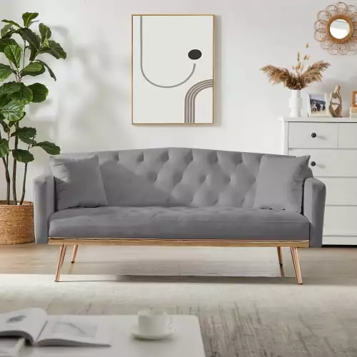 64.9 Accent Sofa. Mid Century Modern Velvet Fabric Couch.Convertible Futon Sofa Bed. Recliner Couch Accent Sofa Loveseat Sofa with Gold Metal Feet (Gray)