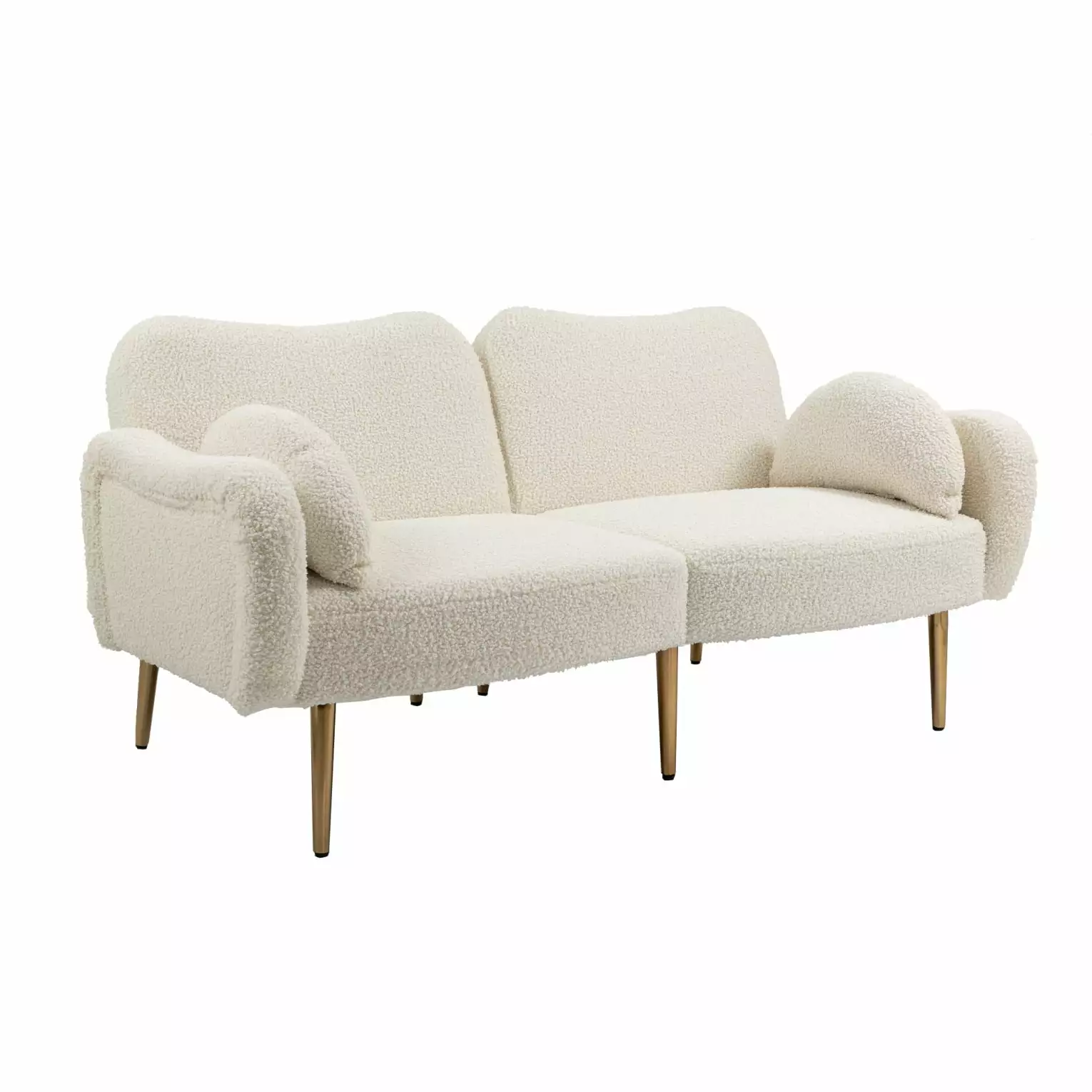 64.9 Inch Convertible Loveseat Sofa. Modern Velvet Sofa with Adjustable Backrest and 2 Bolster Pillows. Upholstered 2-Seater Armrest Bench Sofa for Living Room. Apartment. Home Office. White Teddy