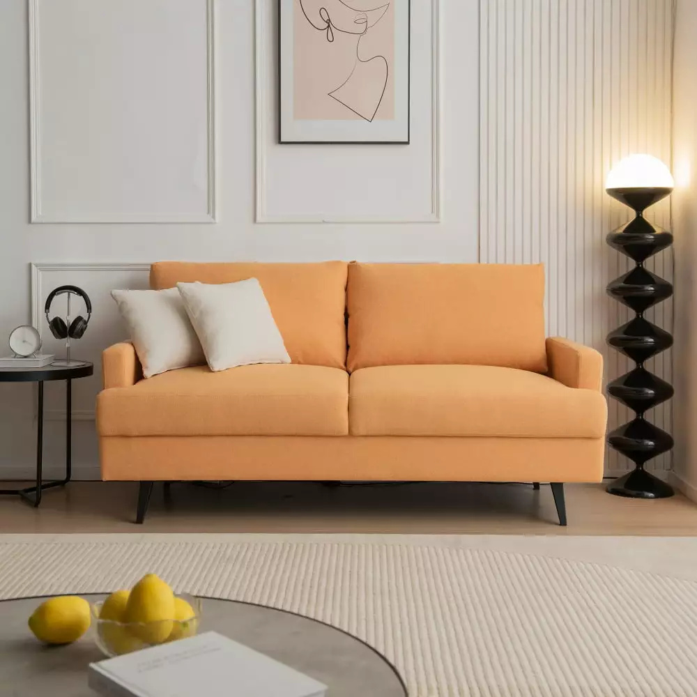 64 W Modern Loveseat Sofa. Linen Fabric Upholstered 2-Seat Sofa Couch for Living Room. High Resilience Sponge Love Seat with Back Cushions and metal Legs for Small Space. Apartment. Bedroom. Yellow