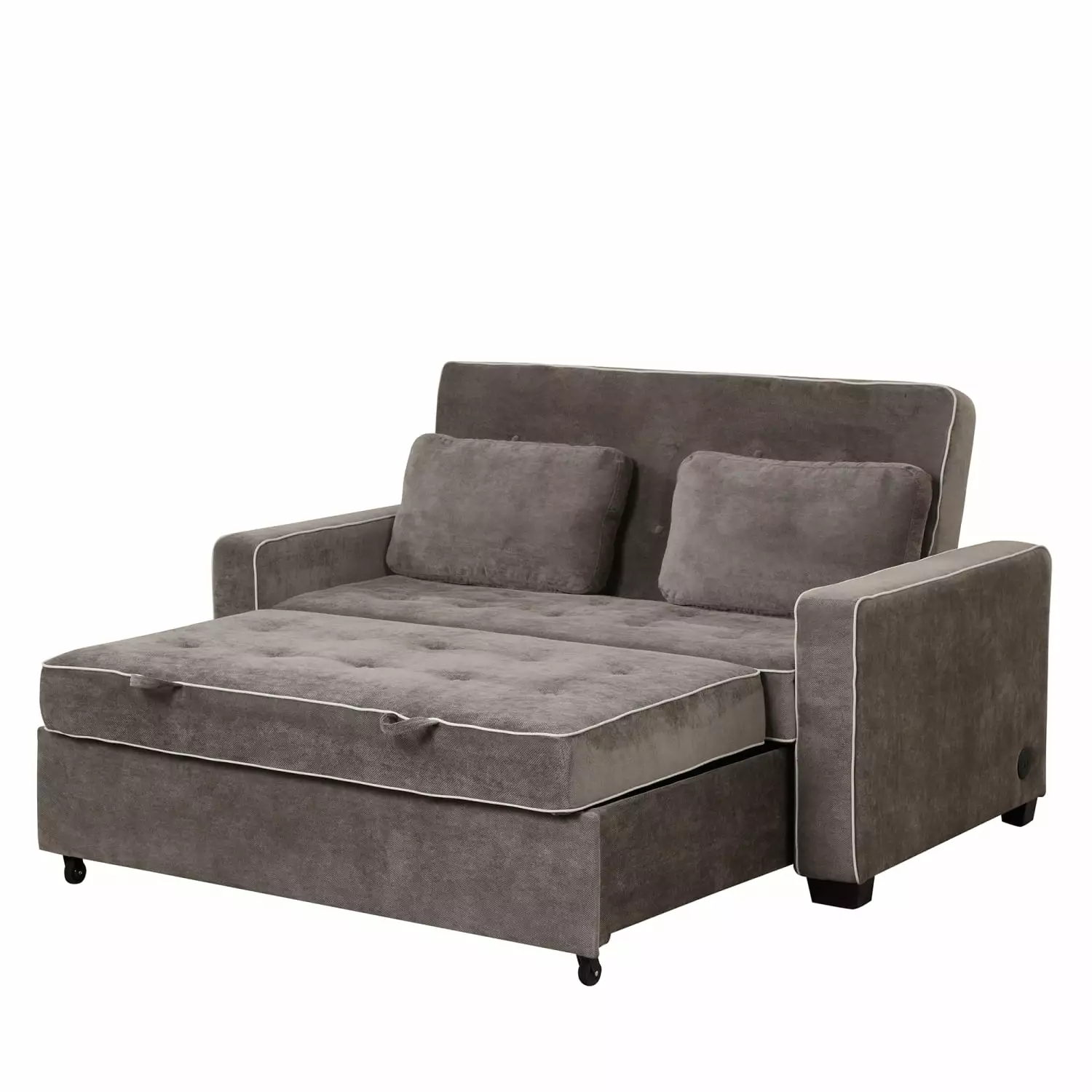 65.7 Linen Upholstered Sleeper Bed in Brown Gray - Multi-Functional Pull Out Sofa Bed with Dual USB Charging Port. Adjustable Backrest & Two Throw Pillows - Perfect for Living Rooms & Guest Spaces