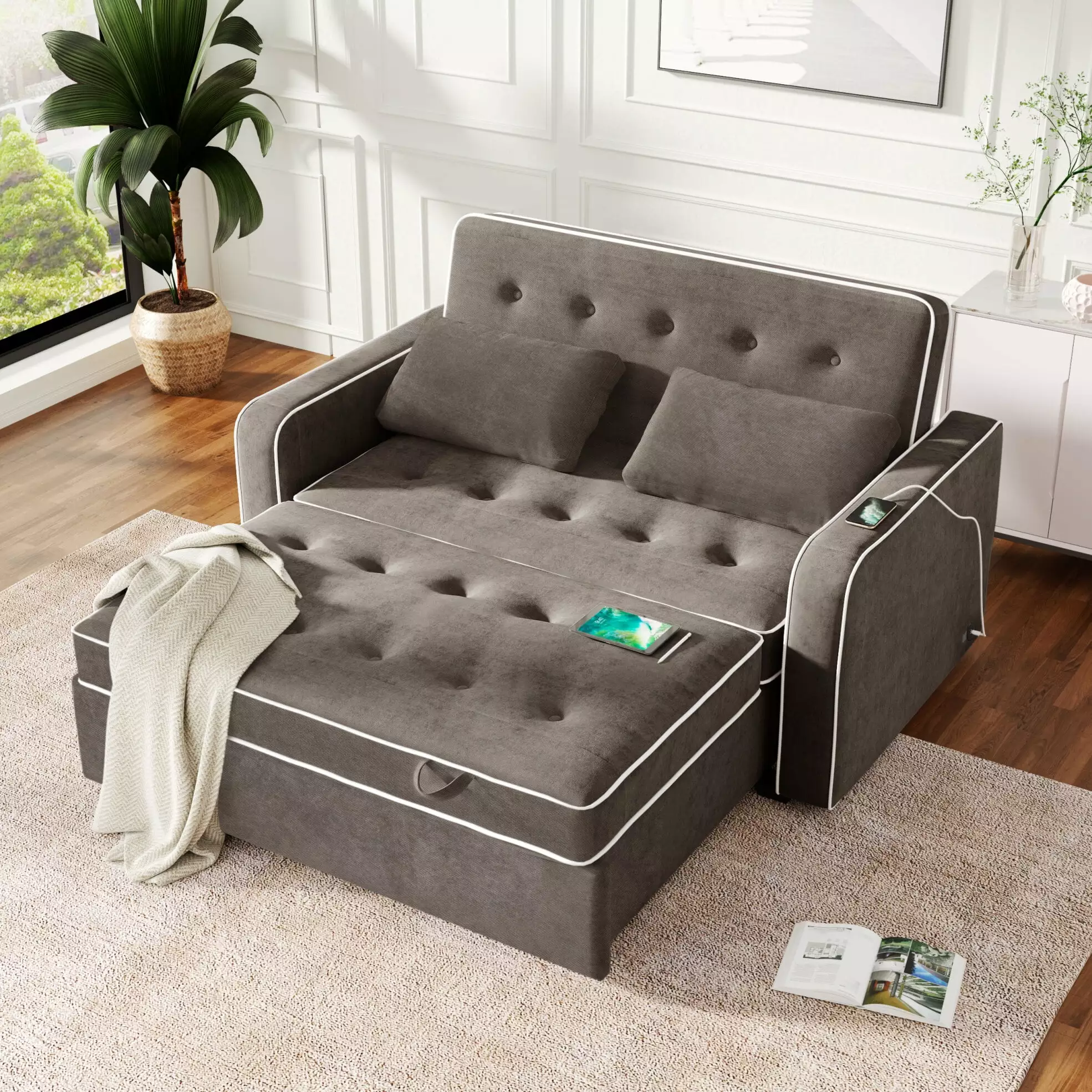 66.5 Pull Out Sleep Sofa Bed with Adjsutable Backrest. Linen Upholstered Sleeper Bed with Two Pillows and USB Charging Port. Convertible Loveseat Futon Couch for Living Room Apartment. Brown Gray