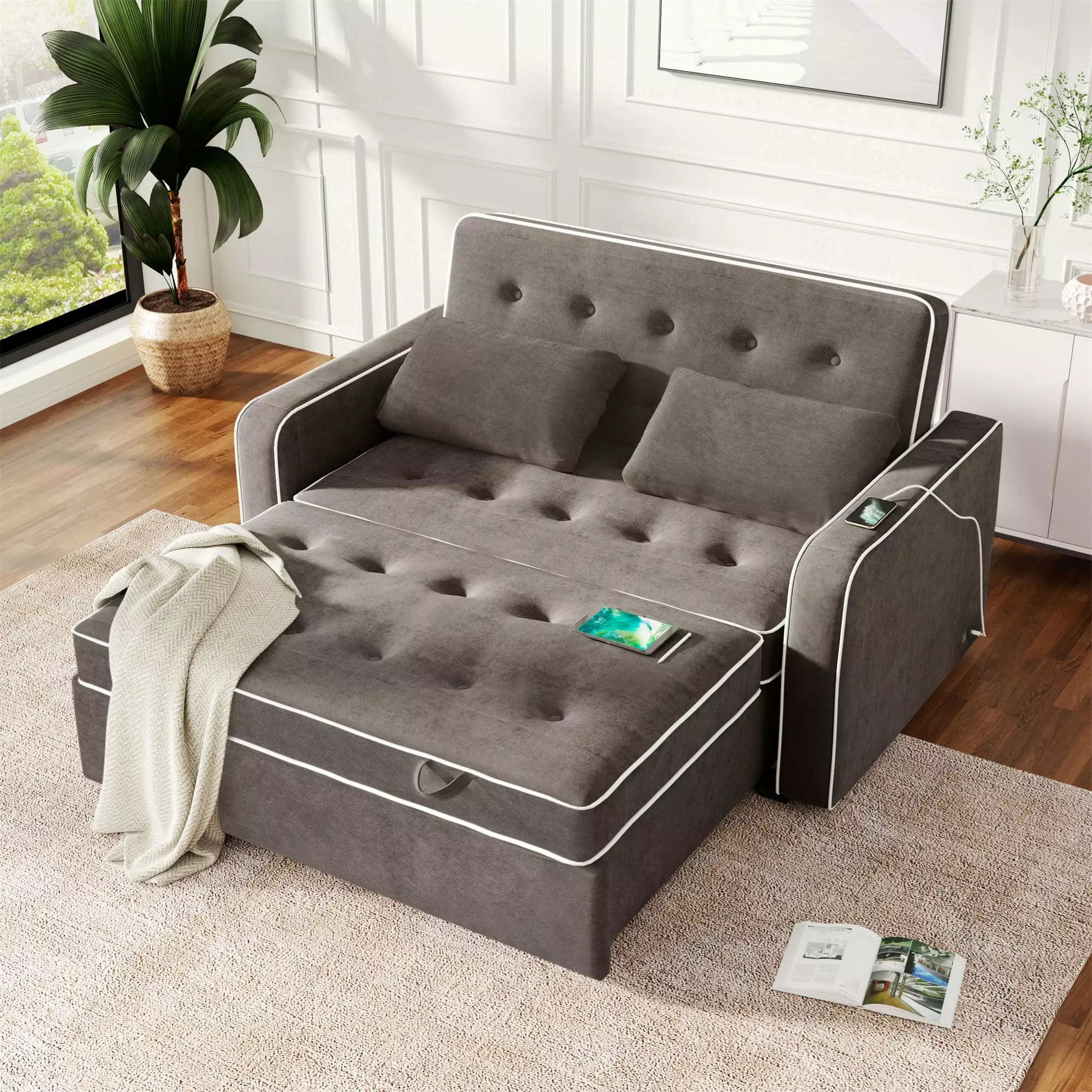 65.7 Pull Out Sofa Sleeper. 3 in 1 Convertible Sleeper Sofa Bed with Dual USB Ports and 2 Pillows. Linen Upholstered Adjustable Loveseat Couch with Pull Out Bed for Living Room Space. Gray