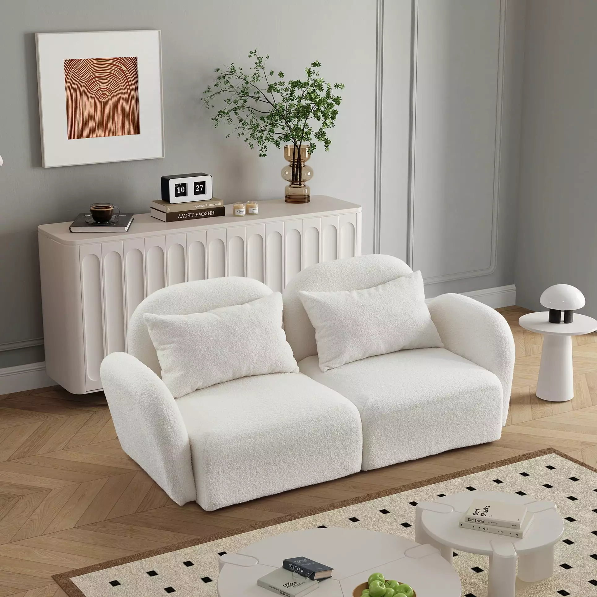 66.9 Modern Lazy Loveseat. Teddy Fabric Upholstered Sofa with Pillows. Small 2-seat Sofa Couch for Living Room Bedroom Apartment . White