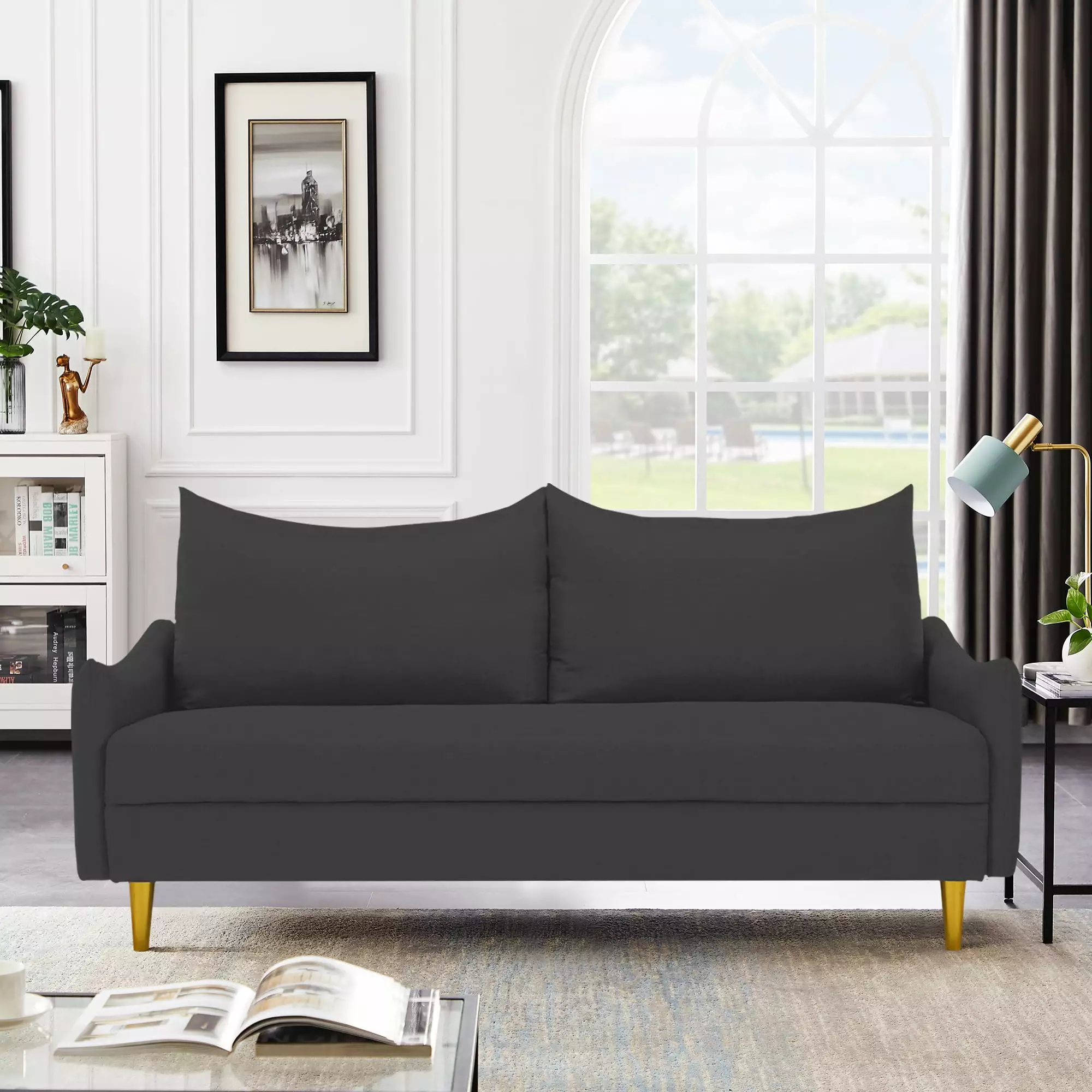 66.9 W Loveseat Sofa. Mid Century Modern Decor Love Seat Couches for Living Room. Polyester Upholstered Loveseats Furniture. Solid and Easy to Install Small Couch for Bedroom. Dark Gray