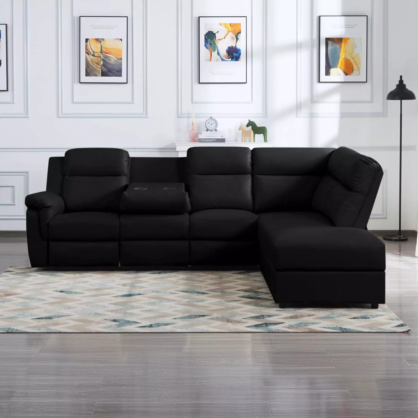 110.2'' Manual Reclining Sofa with 2 Cup Holders and Storage Ottoman.Sectional Sofa. PU L-Shaped Corner 5 Sofa Couch for Living Room Theater Seating Furniture Sets. Black