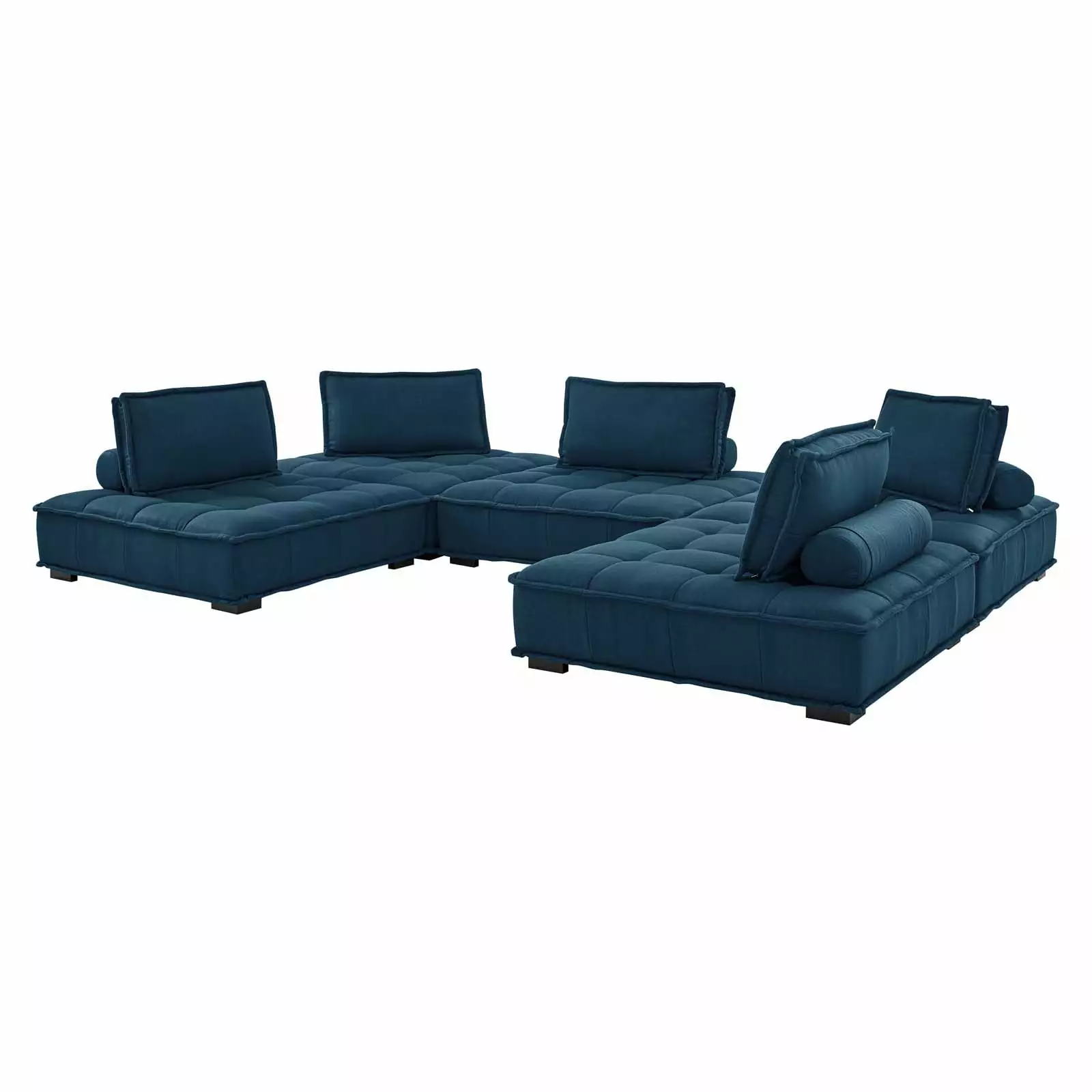 Modular Deep Tufted Sectional Sofa Set. Azure Navy Blue. Fabric. Modern Contemporary French Country. Living Lounge Cafe Room Hotel Lobby Hospitality