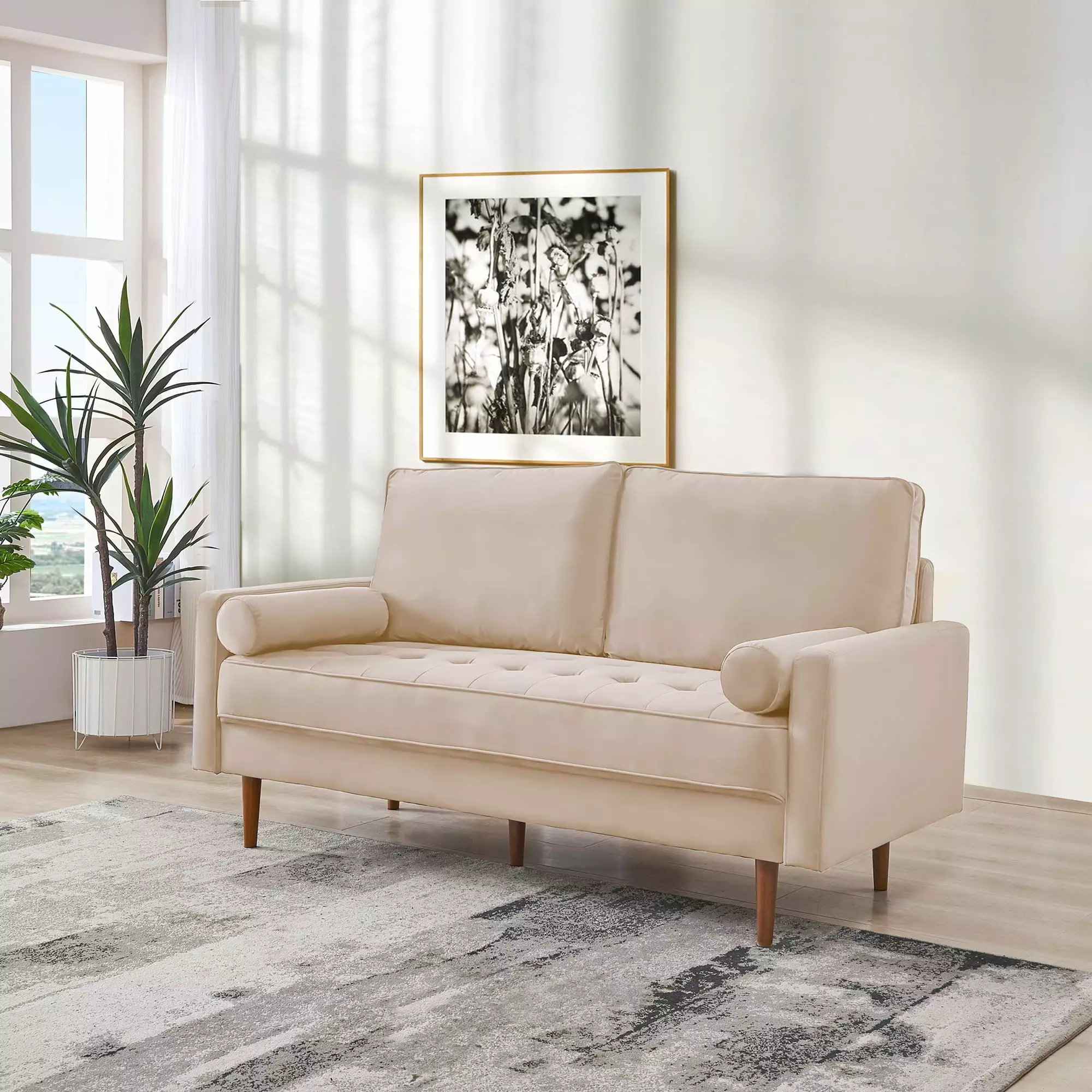 69W Loveseat Sofa. Mid-century Modern Velvet Tufted Upholstered Couch with Square Armrest and Two Bolster Pillows for Living Room -Beige