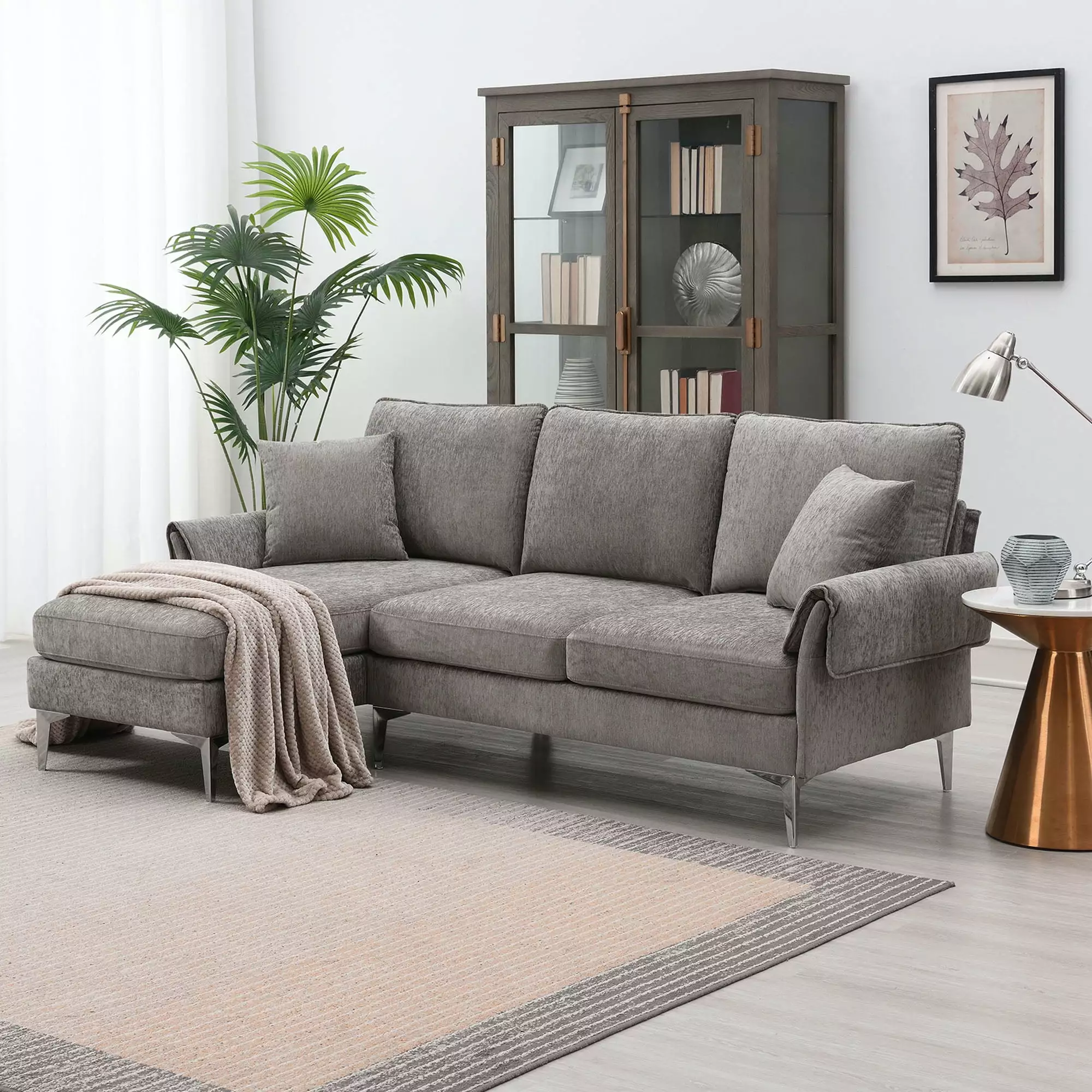 [VIDEO provided] [New]84 Convertible Sectional Sofa. Modern Chenille L-Shaped Sofa Couch with Reversible Chaise Lounge. Fit for Living Room. Apartment(2 Pillows)