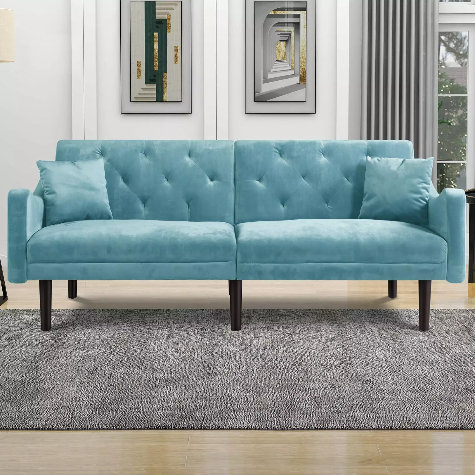 Canddidliike Velvet Upholstery Reclining Loveseat Sleeper Convertible Twin size Sofa Bed in Light Blue