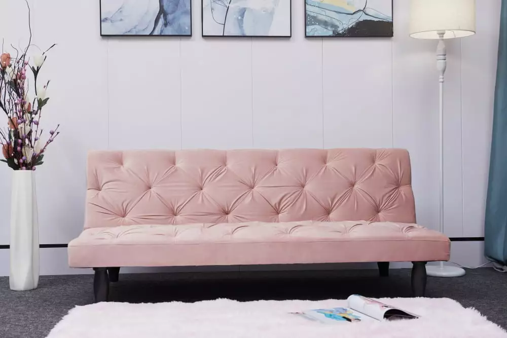 Sofa Bed. Upholstered Convertible Sofa Bed. Modern Sleeper Velvet Sofa Couch with Wooden Frame and Plastic Legs. Comfortable Sofa Suitable for Living Room Bedroom Office. Baby Pink