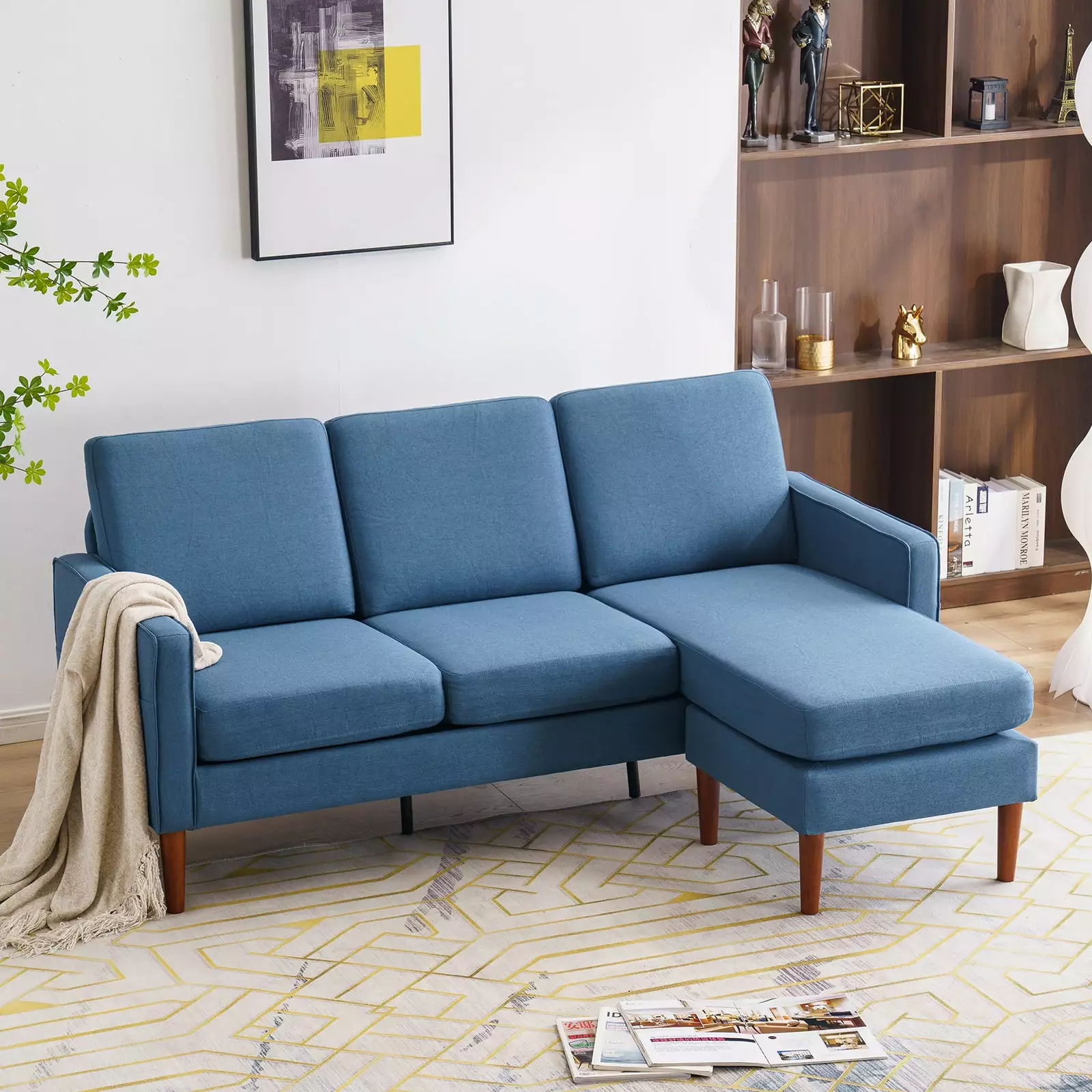 L-Shaped Sectional Sofa with Ottoman. Living Room Sofa with Padded Backrest and Wood Legs. Modern Upholstered Chaise Lounge Sofa Couch with Armrest for Home Office. Blue