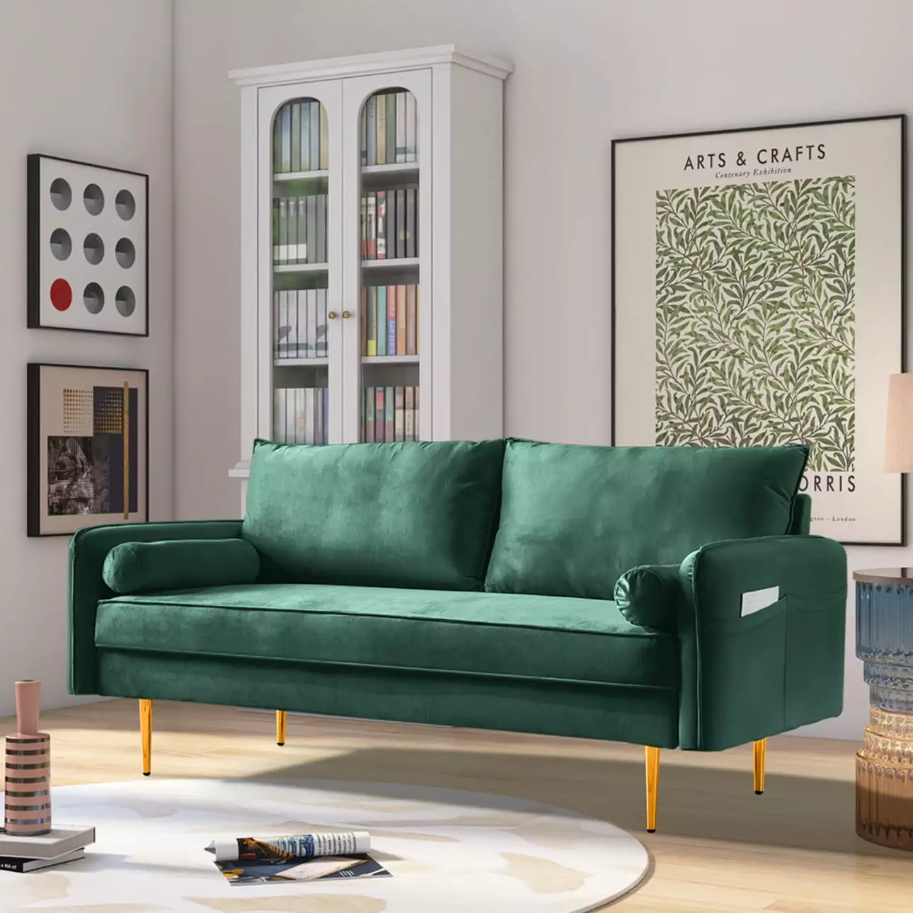 71''W Velvet Loveseat Sofa with 2 Throw Pillows and Side Pockets. Comfy Sofa Couch with Gold Metal Legs. Modern Accent Sofa with Solid Wood Frame for Living Room. Bedroom. Green