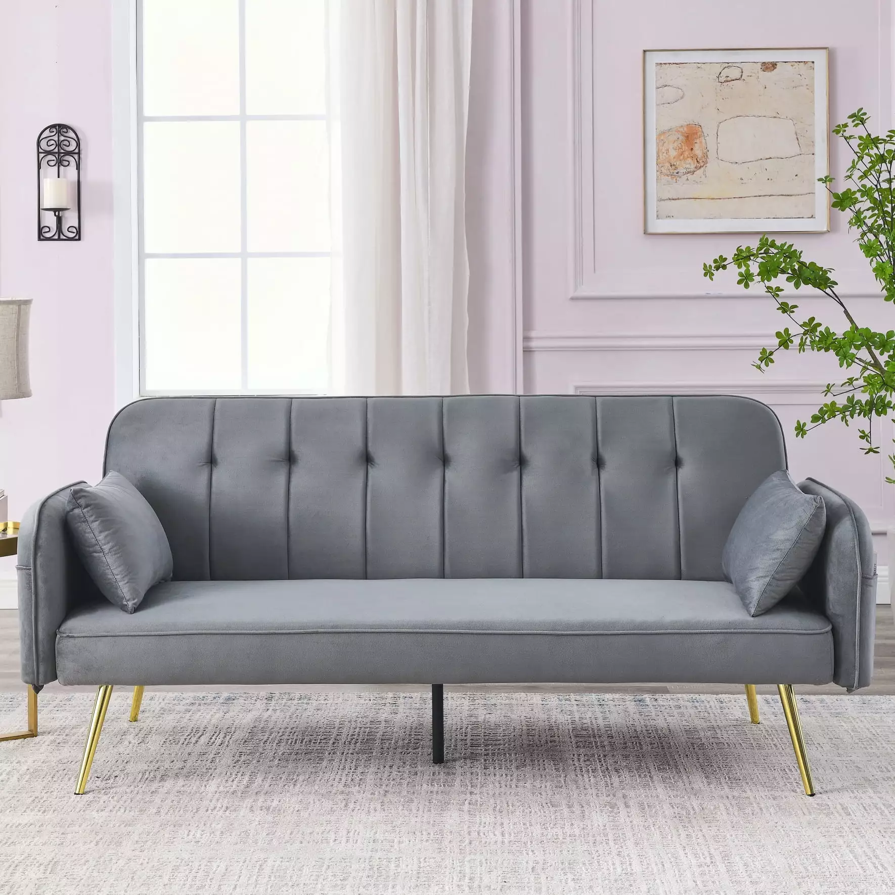 72.5 Modern Convertible Sofa Bed with Two Pillows and Center Legs. Velvet Adjustable Folding Lounge Recliner with Two Storage Bags for Livingroom. Office. Bedroom. Grey