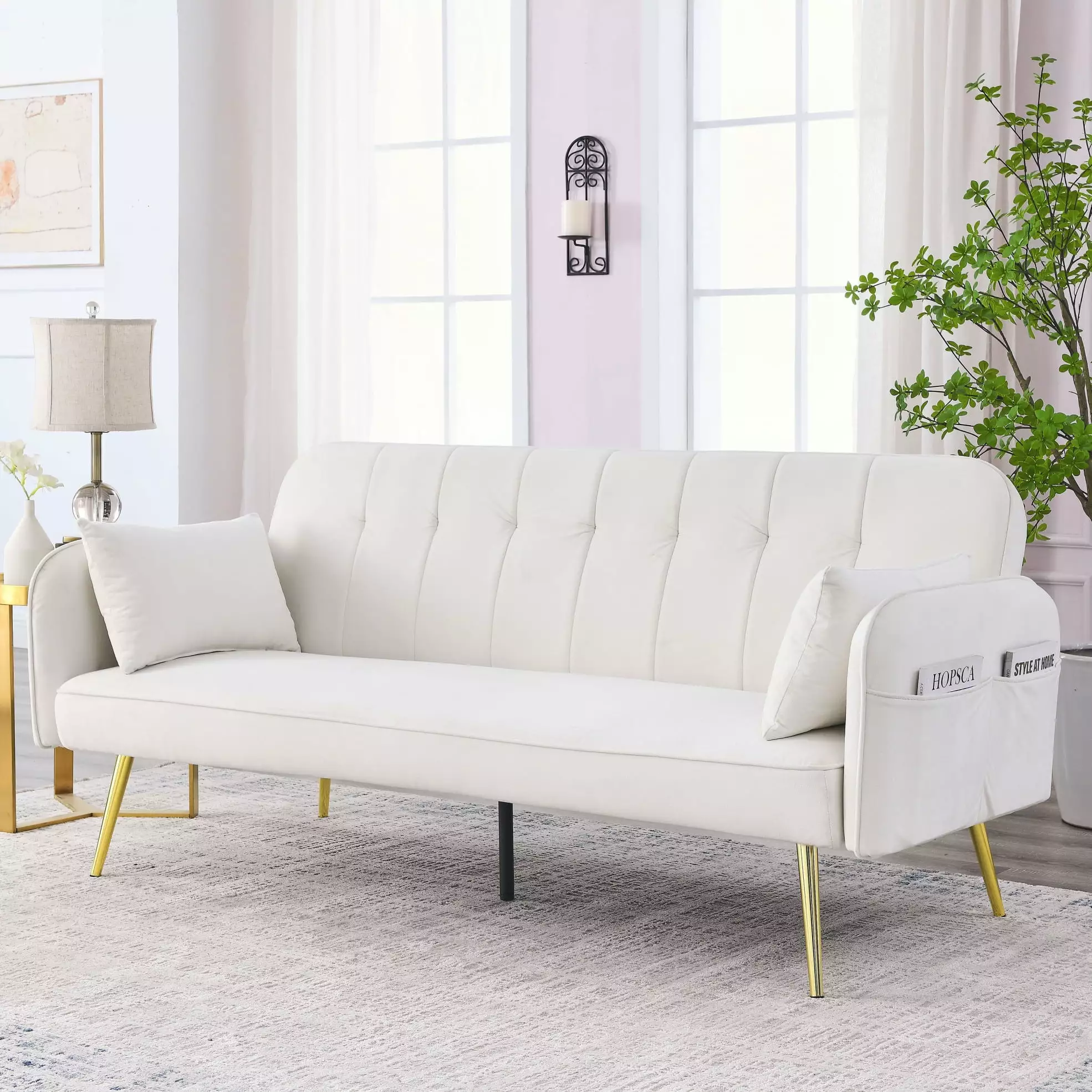 72.5 Sofa Bed. Modern Adjustable Velvet Loveseat Sofa Couch. Reversible Daybed with Two Pillows and Center Leg for Living Room. Office. Dorm. Apartment. Small Space. Beige