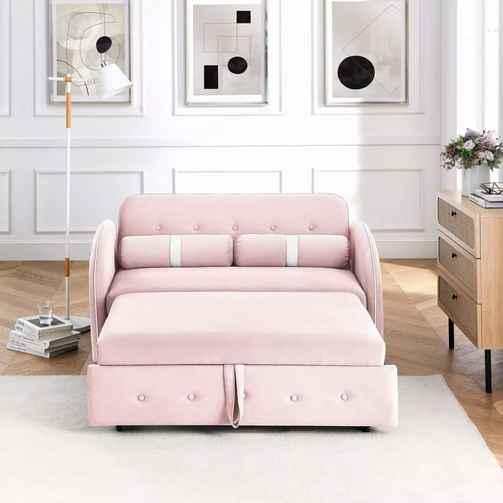 Modern Pull Out Sleeper Sofa Bed. Velvet Convertible Couch Loveseat with Adjsutable Backrest Side Pockets for Living Room Bedroom Apartment Office