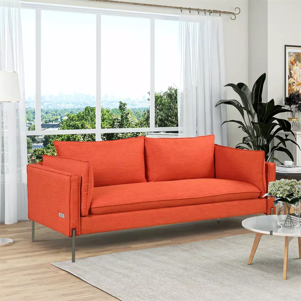 76.2 Modern Style 3 Seat Sofa Linen Fabric Upholstered with 2 USB Charging Ports and Upholstered. Unique Comfortable Couch for Living Room Bedroom Apartment and Office. Orange