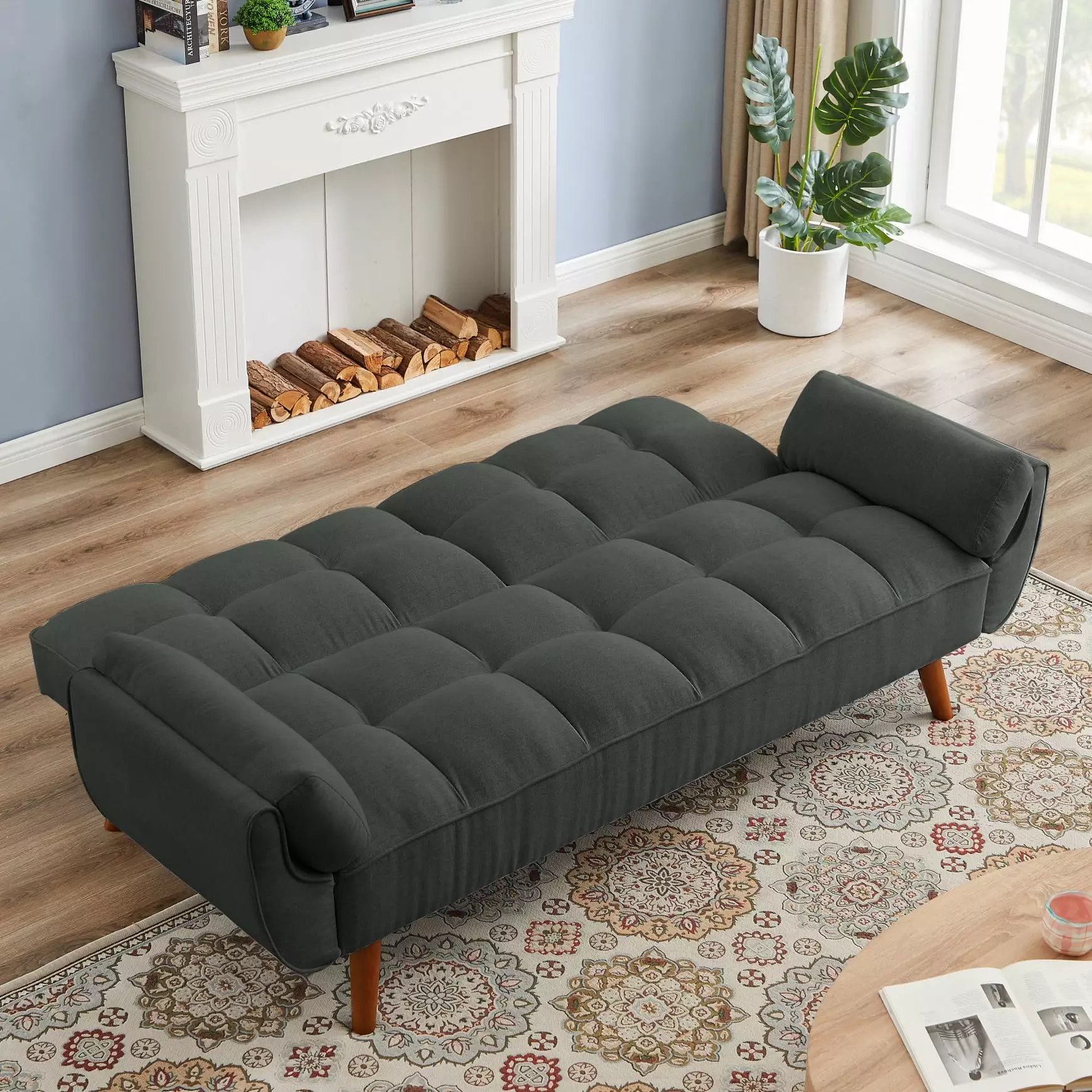 76 Linen Futon Sofa Bed with Adjustable Backrest. Upholstered Loveseat Couch with Solid Wood Legs and 2 Pillows. Convertible Sleeper Sofa for Small Space Living Room Bedroom Office. Dark Grey