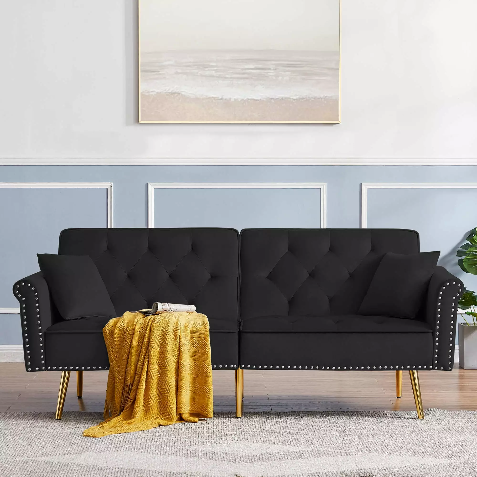 76 Tufted Velvet Sofa Bed Sleeper with 2 Pillows. Luxury Loveseat Couch. Convertible Futon with Vintage Nailhead Trim and Metal Legs. for Living Room. Bedroom. Apartment. Bonus Room. Black