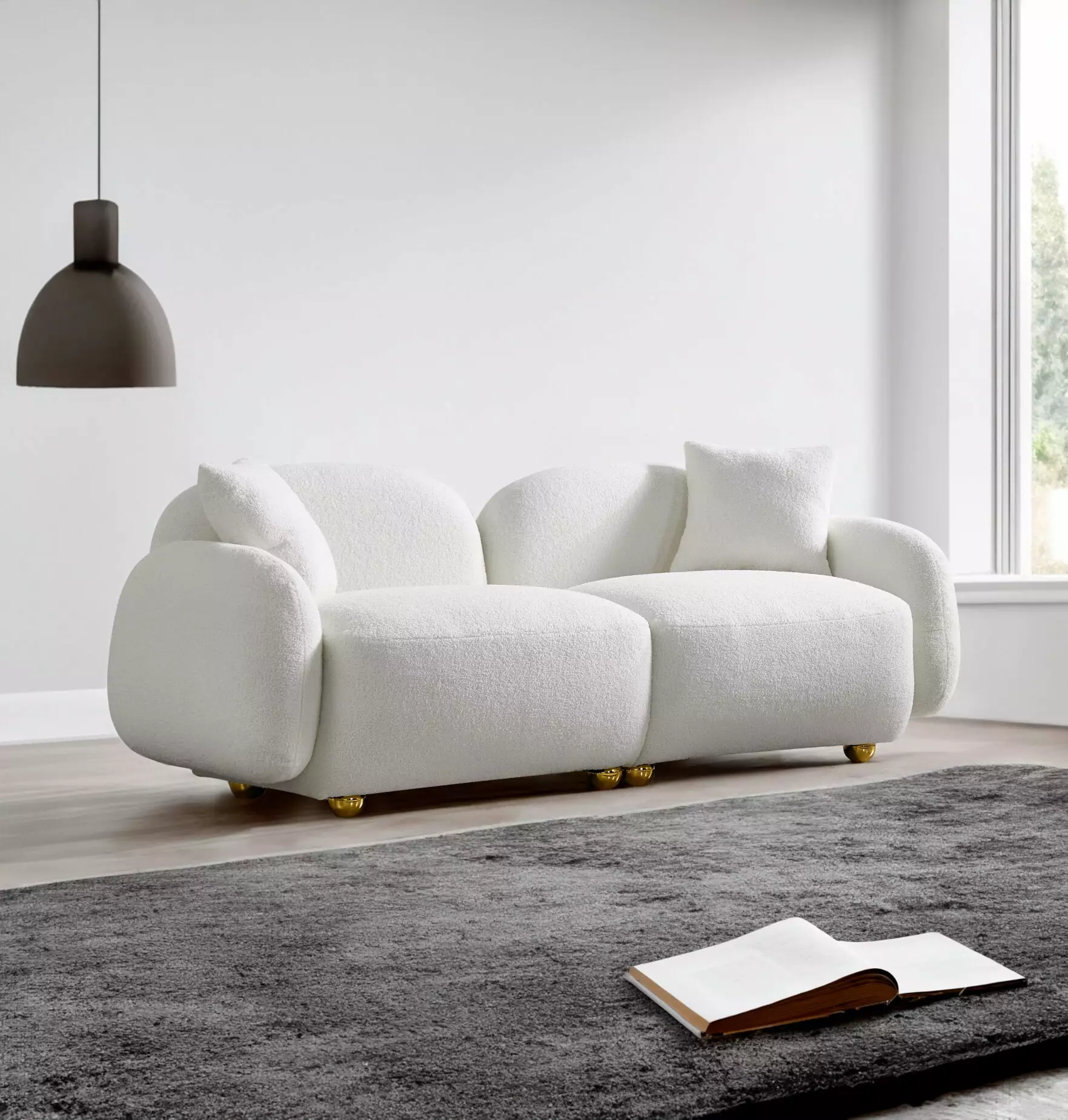 77.95 Modular Sectional Sofa. Modern Luxury Plush Upholstered Cloud Couch. Cozy Teddy Fabric Sofa Chair Furniture with 2 Pillows for Living Room. Apartment. Office. Small Space. White